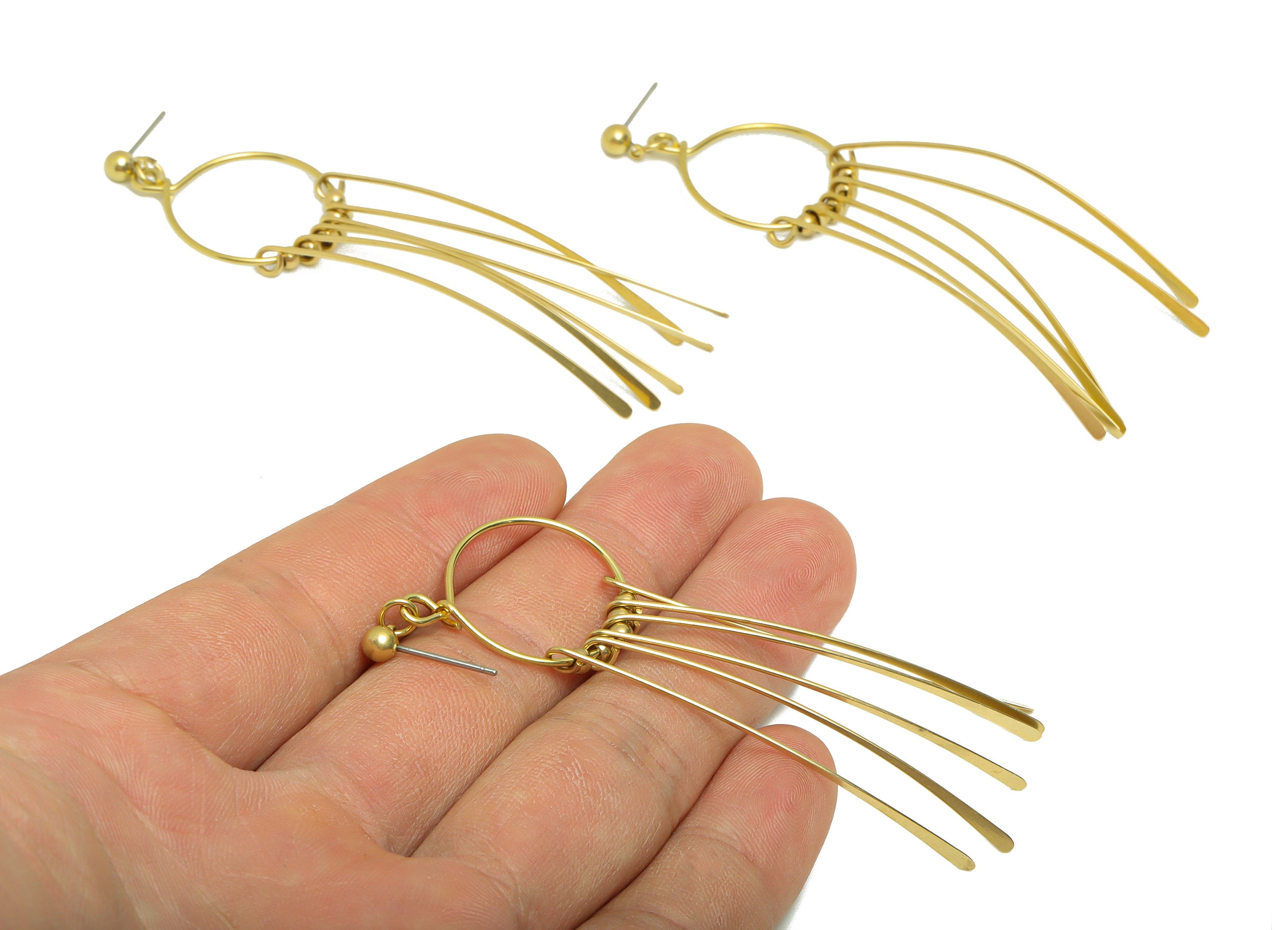 Hammered Wires Tassel Earring - Brass Hammered 6 Wires Post - Beads Hang Wires Stud - Tassel Earring Post - 81.82x20.36x1.03mm- PP8859 - DOMEDBAZAAR