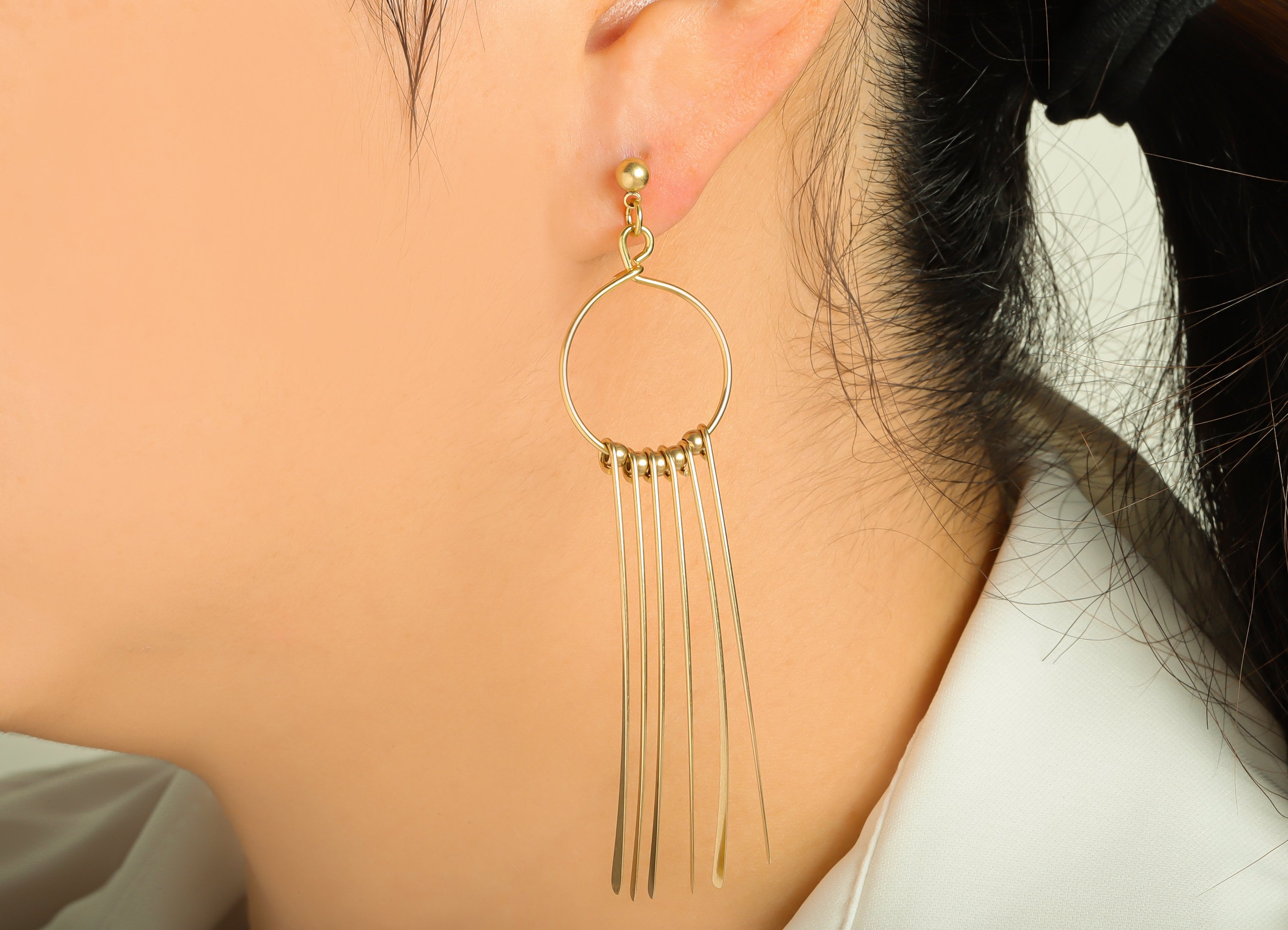 Hammered Wires Tassel Earring - Brass Hammered 6 Wires Post - Beads Hang Wires Stud - Tassel Earring Post - 81.82x20.36x1.03mm- PP8859 - DOMEDBAZAAR