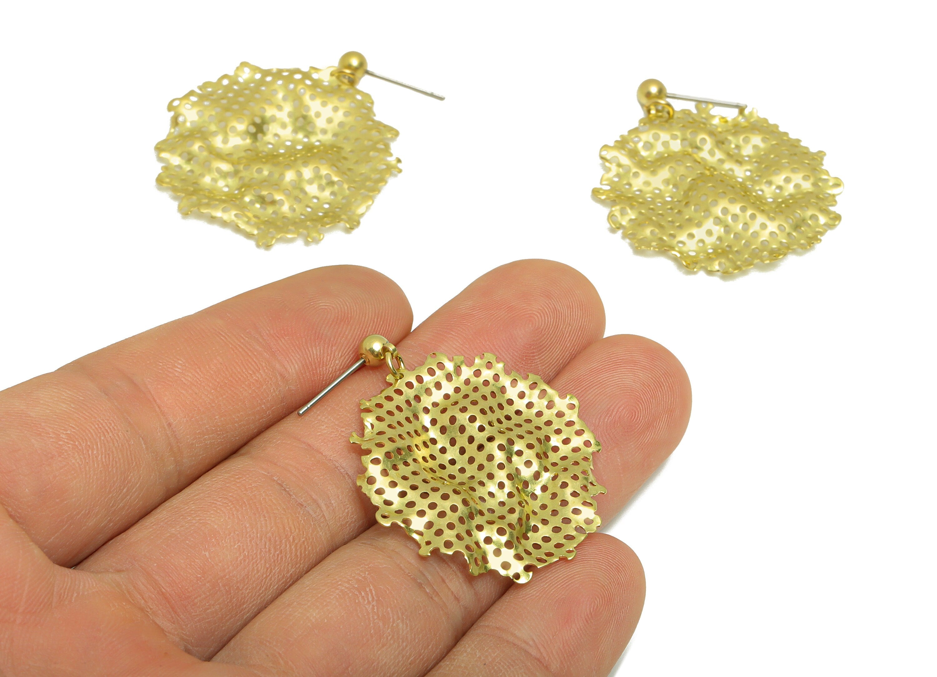Round Mesh Earring - Brass Round Hole Earring Post - Raw Brass Wavy Mesh Stud - Irregular Mesh Earring Post - 37.05x30.96x1.41mm- PP8860 - DOMEDBAZAAR