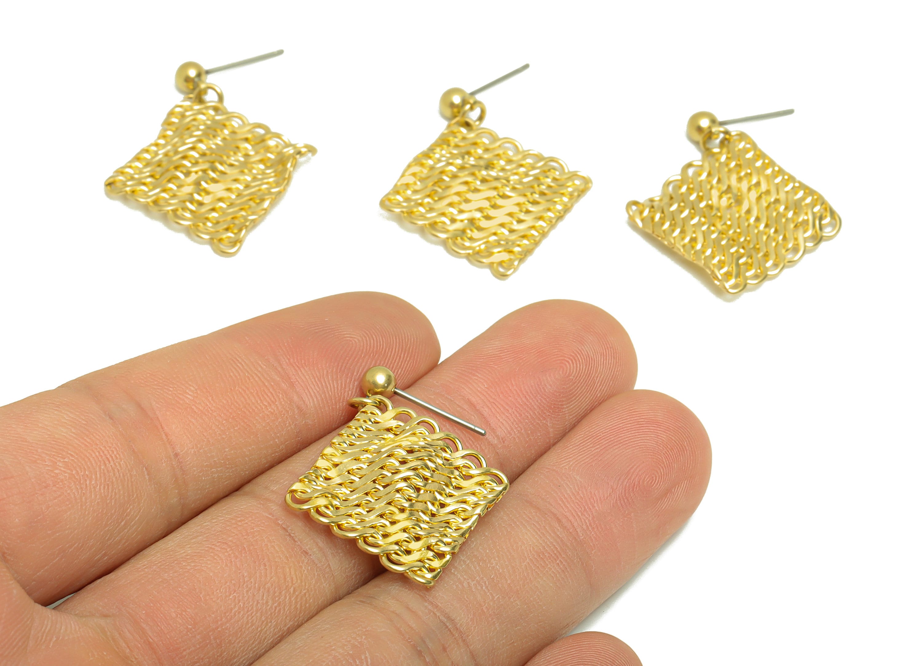 Brass Mesh Square Earring Post - Brass Mesh Square Earring Stud - Brass Wavy Geometry Charms - Weave Square Earring Post - 25x19x2mm- PP8848 - DOMEDBAZAAR