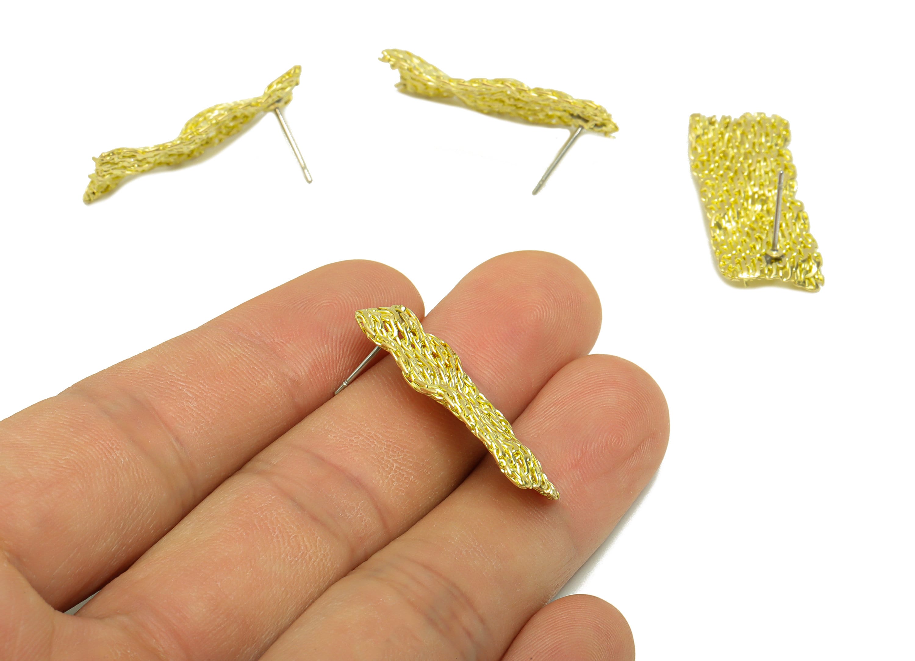 Brass Mesh Earring Post - Brass Hammered Mesh Earring Stud - Wavy Weave Mesh Earring Post - Rectangle Earring Post - 29.53x13x1.84mm -PP8845 - DOMEDBAZAAR