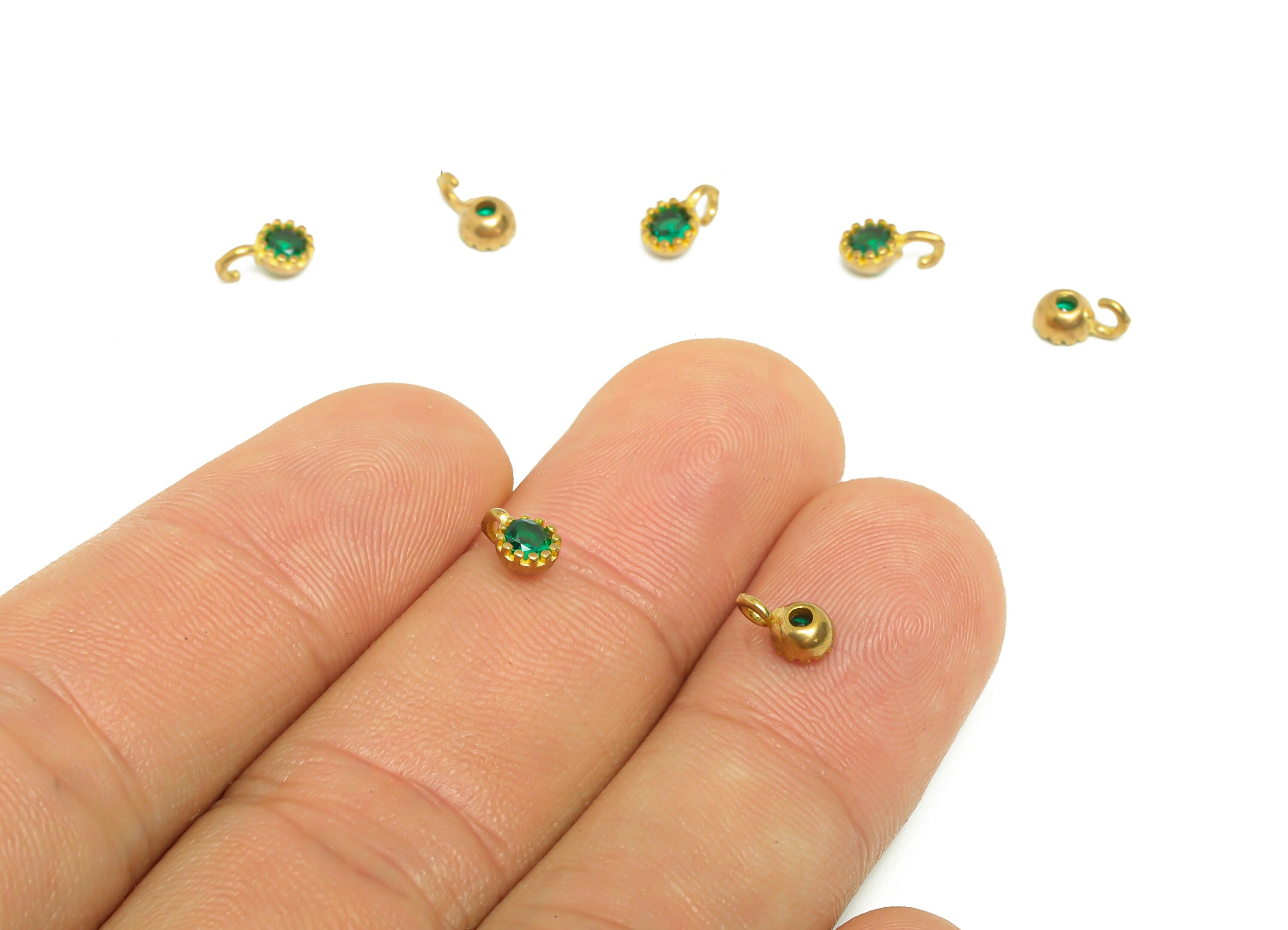 Round CZ Bracelet Charms - Raw Brass Green Zircon Pendant - Brass Mini Circle Zircon Charm - Jewelry Supplies - 7x4.2x2.61mm- PP8981 - DOMEDBAZAAR