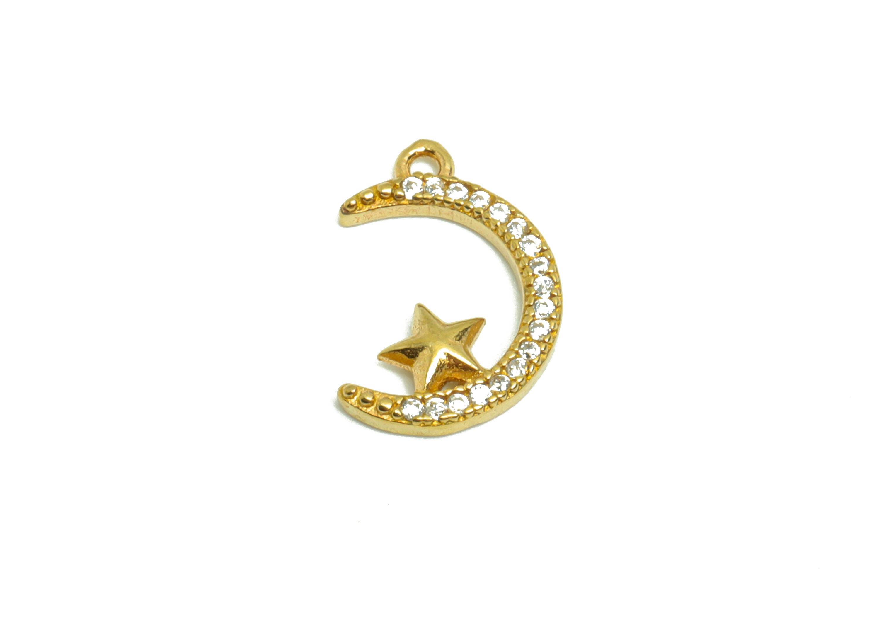 Brass Crescent Earring Charm - Raw Brass Moon Pendant - Brass Star Cubic Zircon Charm - Jewelry Supplies - 14.15x9.8x1.56mm- PP8952 - DOMEDBAZAAR