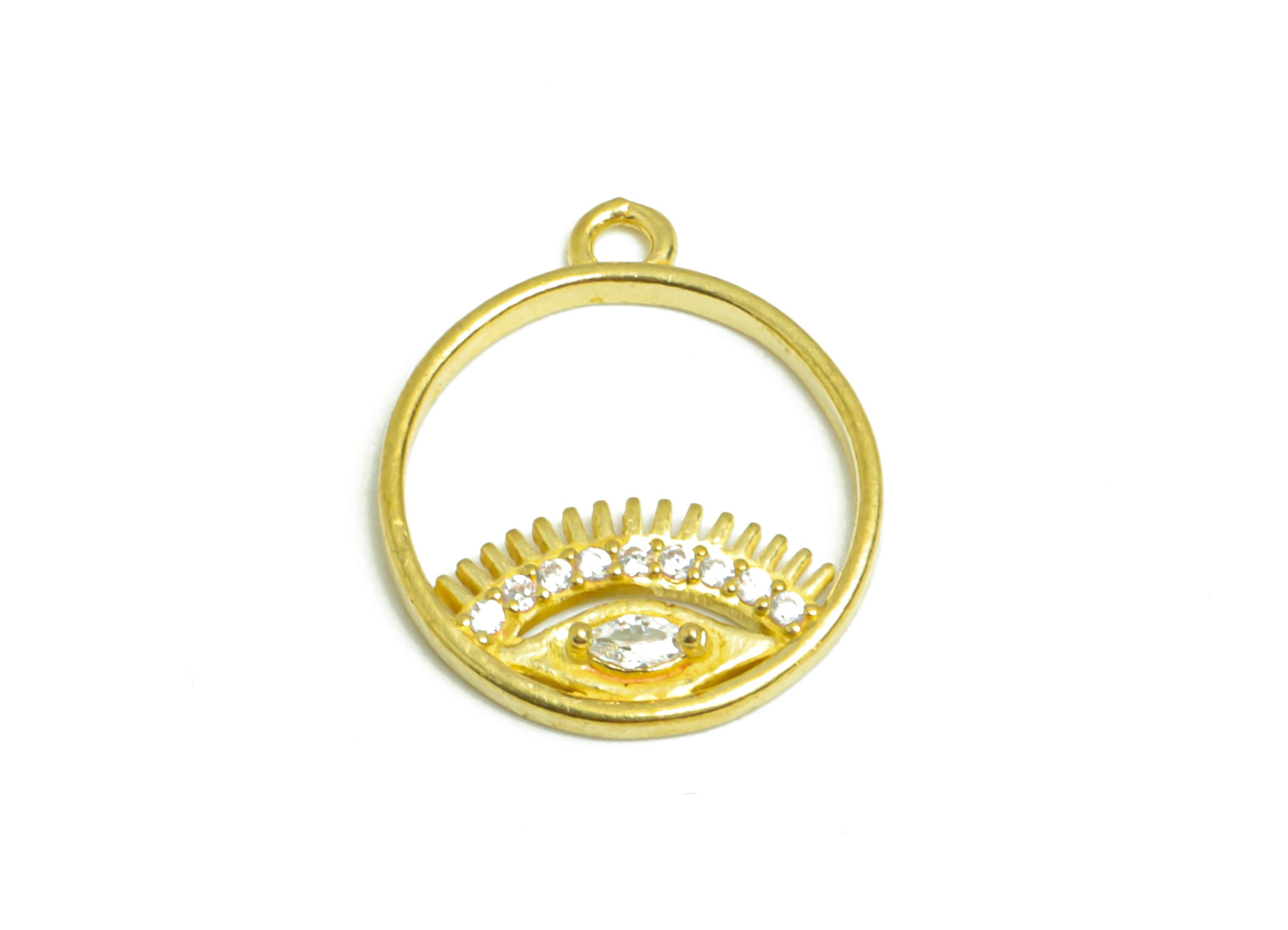 Brass Round Earring Charm - Raw Brass Eyelash Pendant - Brass Circle Eye Cubic Zircon Charm - Jewelry Supplies - 16.13x13.94x2.55mm- PP8958 - DOMEDBAZAAR