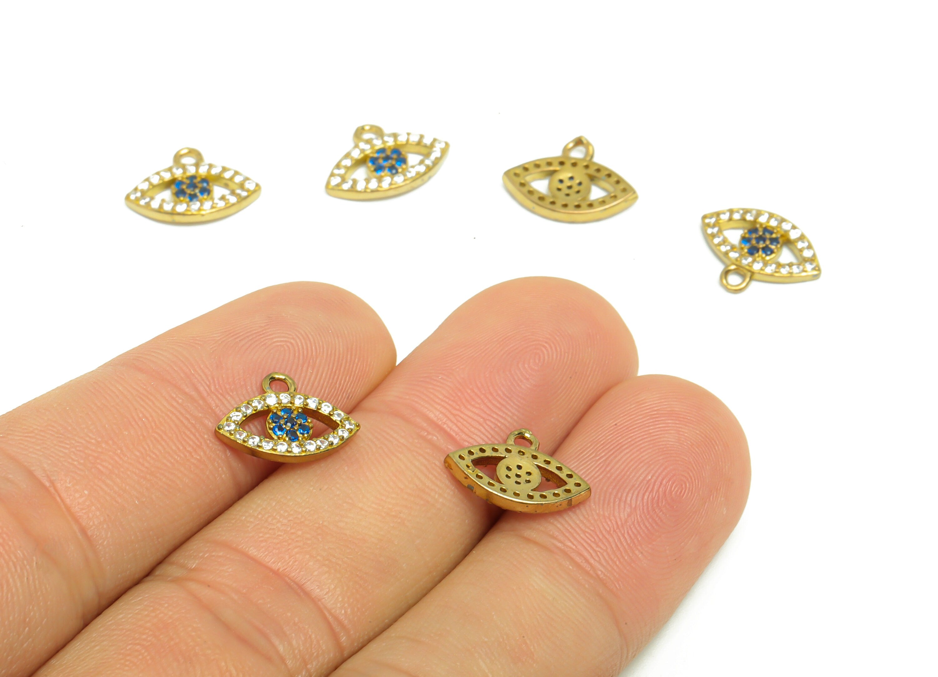 Brass Eye Earring Charm - Raw Brass Blue Eye Zircon Pendant - Brass Eye Zircon Charm - Jewelry Supplies - 12.72x9.5x1.83mm- PP8953 - DOMEDBAZAAR