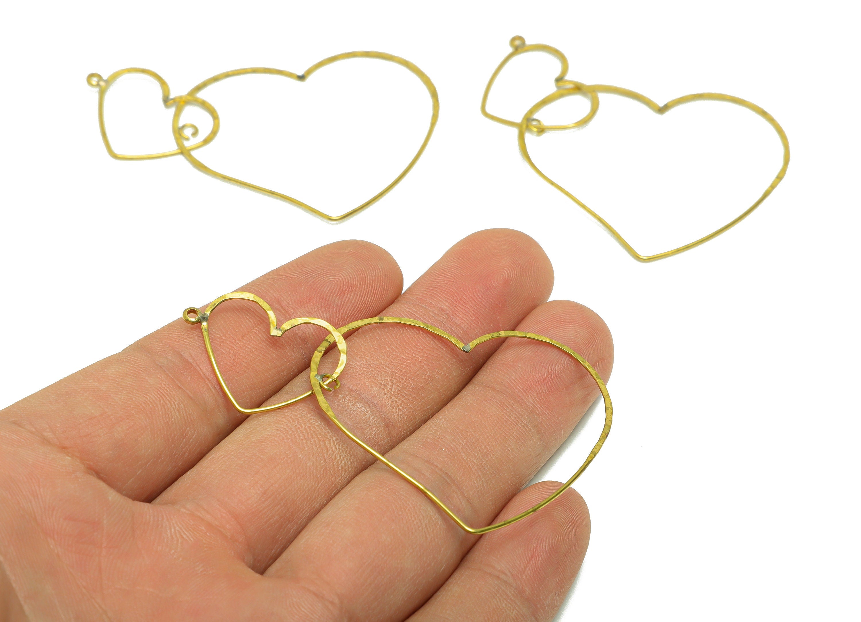 Brass Heart Wire Earring Charm - Brass Hammered Heart Wire Earring Charm - Double Heart Wire Dangle Earring Charm - 38.06x46.0x0.77mm-PP9026 - DOMEDBAZAAR