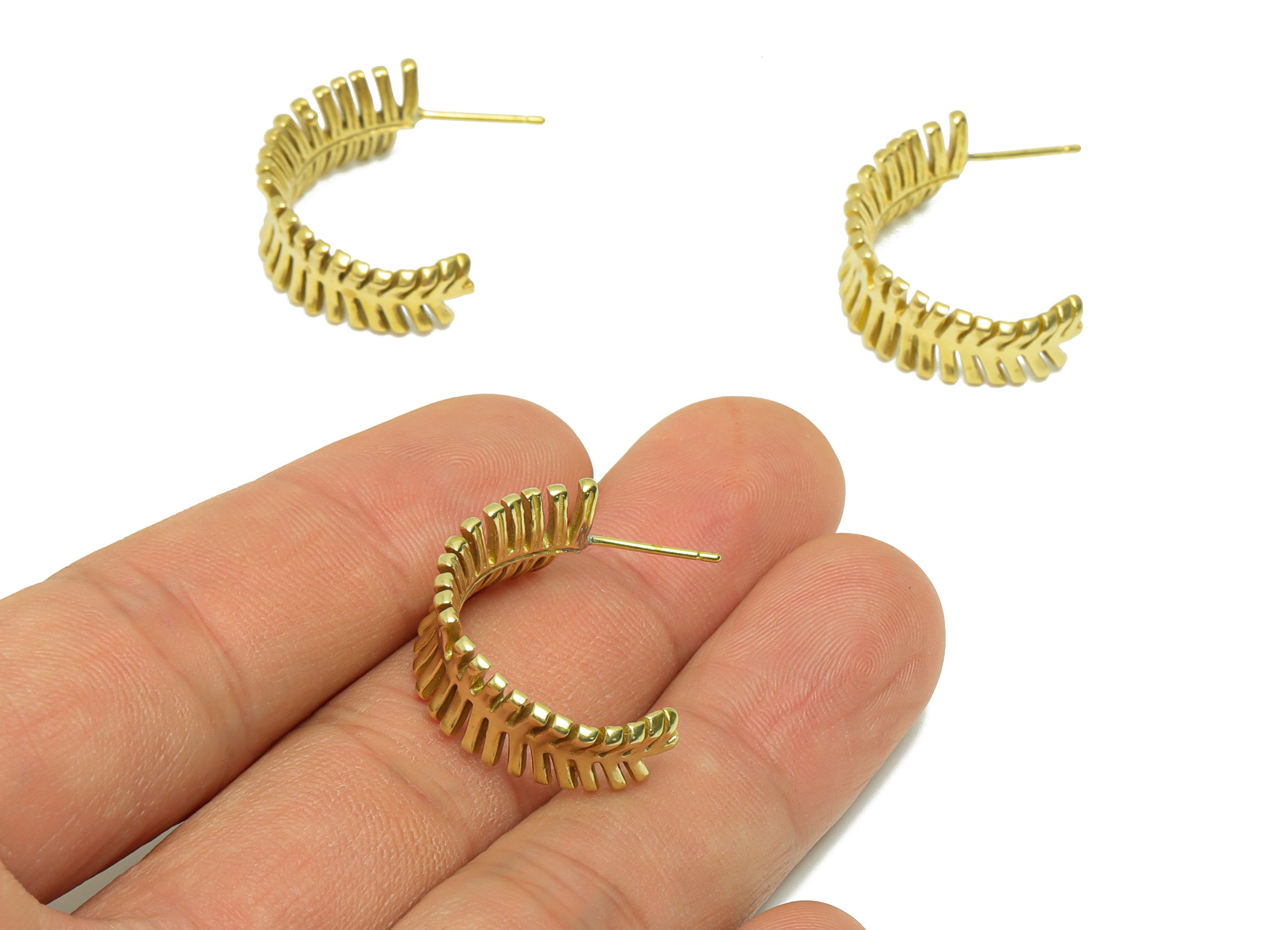 Brass Feather C Hoop Earring Post - Bent Leaf Earring Stud - Brass Hoop Feather Bent Earring Post - Hoop Earring Post - 25x22x2mm- PP9095 - DOMEDBAZAAR