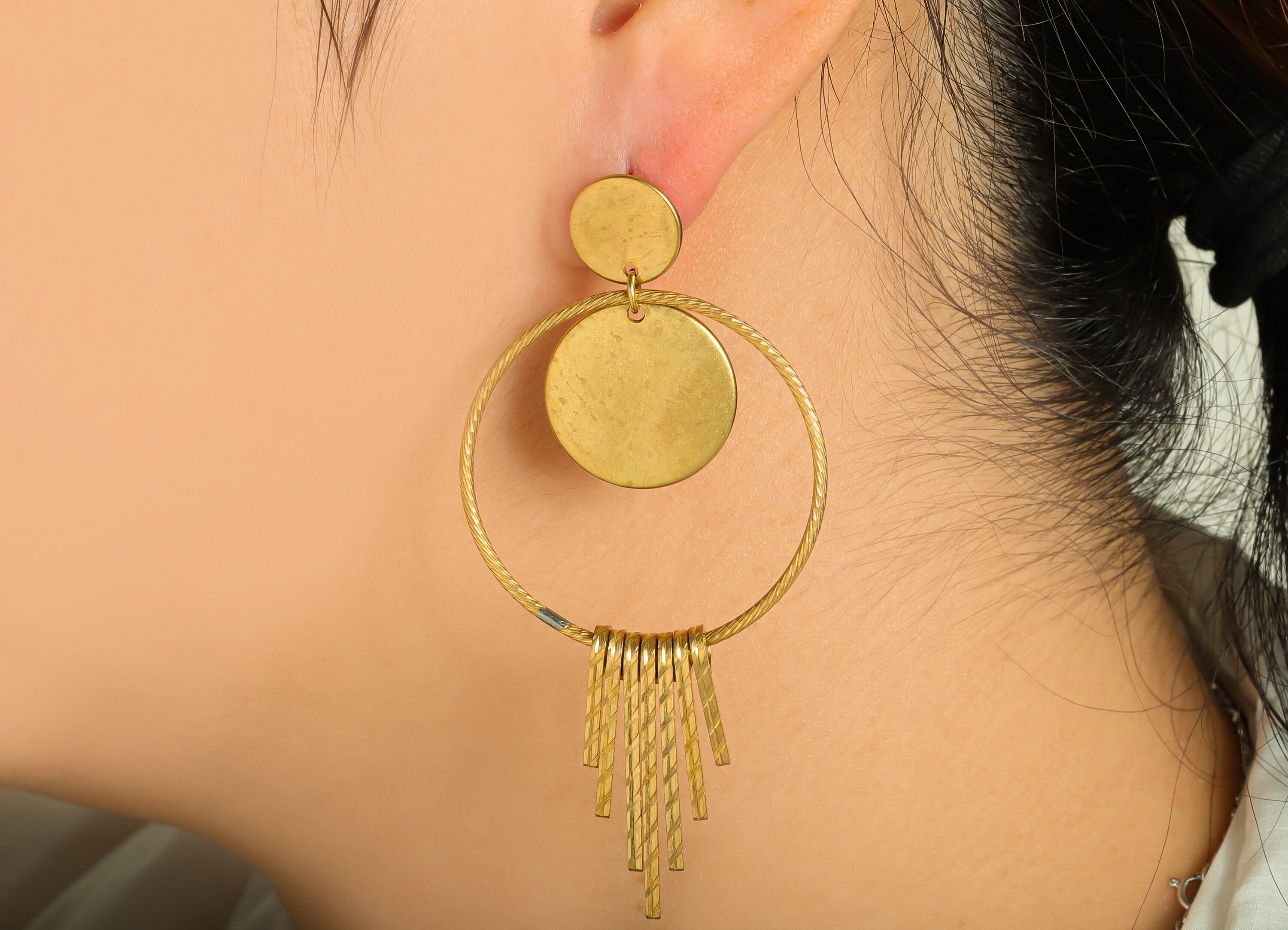 Brass Round Dangle Earring Post - Brass Textured Wire Earring Stud - Brass 7 Wire Earring Post - Brass Wire Earring Post - 75x37x1mm- PP9064 - DOMEDBAZAAR