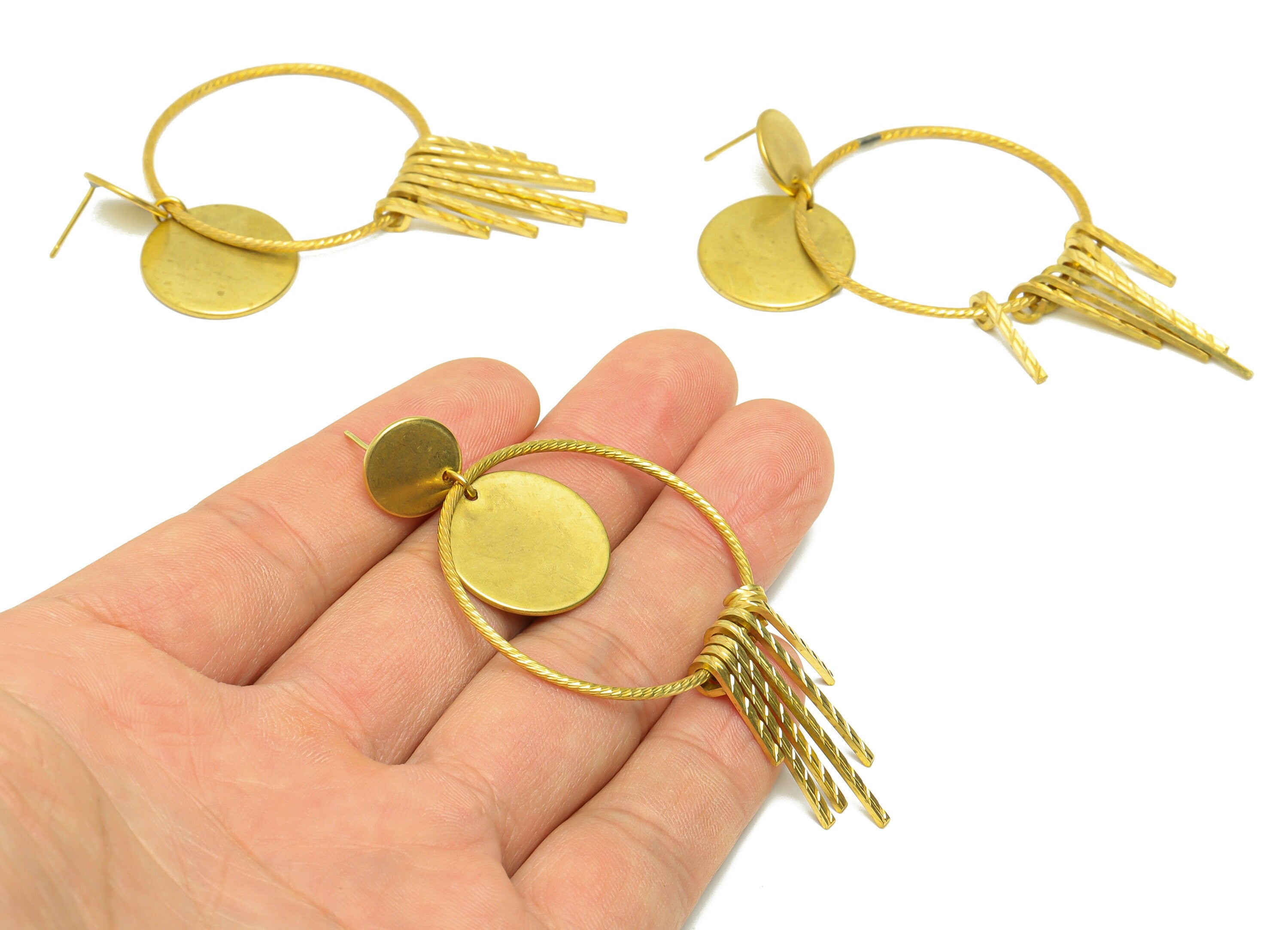 Brass Round Dangle Earring Post - Brass Textured Wire Earring Stud - Brass 7 Wire Earring Post - Brass Wire Earring Post - 75x37x1mm- PP9064 - DOMEDBAZAAR