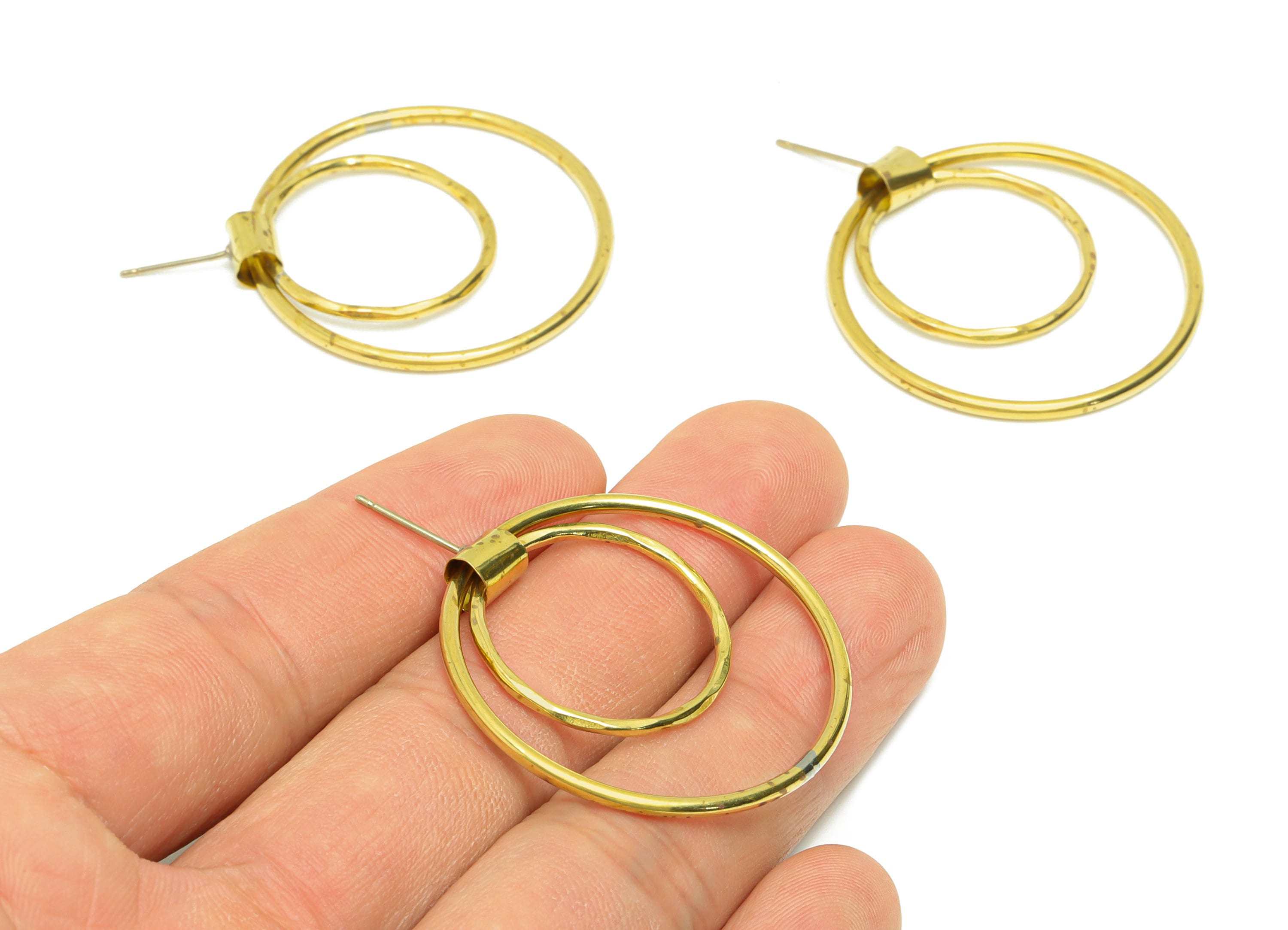 Brass Hoops Dangle Earring Post - Brass Textured Earring Stud - Brass Hammered Earring Post - Circle Earring Post -46x35x1.78mm- PP9083 - DOMEDBAZAAR