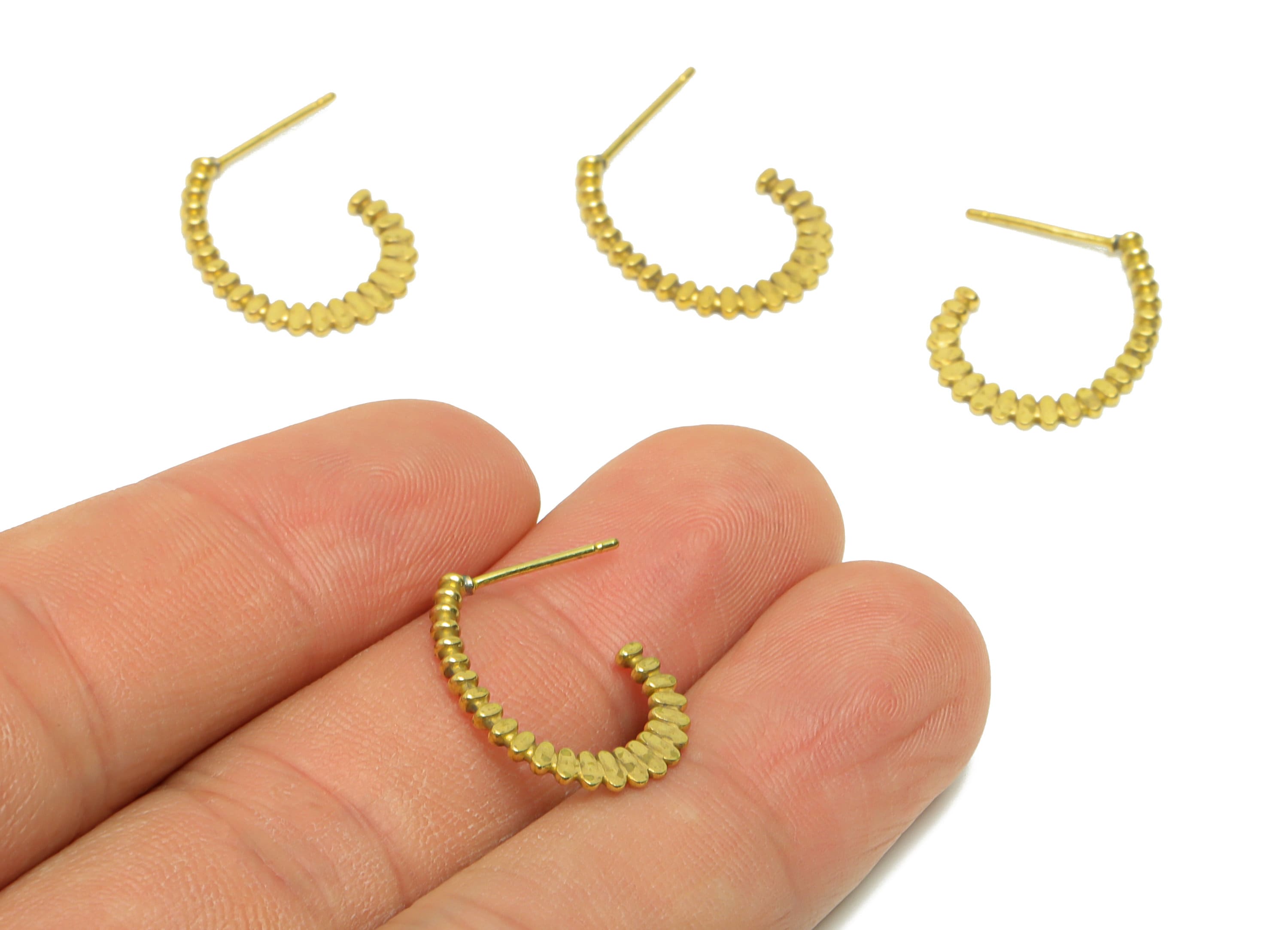 Brass Beads C Hoop Earring Post - Brass Hoop Hammered Earring Stud - Beaded Earring Post - Hammered Hoop Earring Post - 19x15x1mm - PP9025 - DOMEDBAZAAR