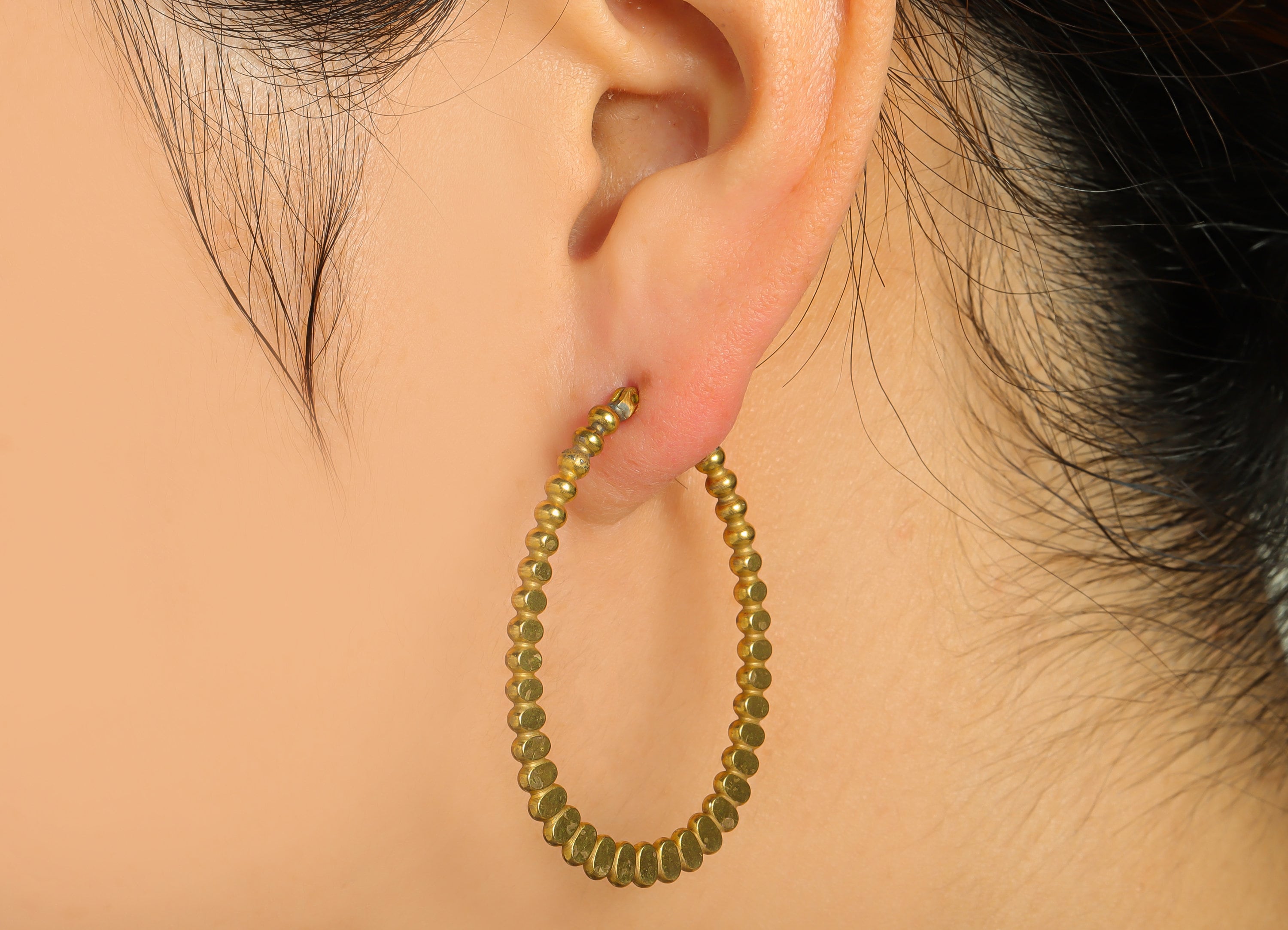 Drop Hoop Hinged Back Earring - Brass Oval Hammered Earring - Brass Beaded Hinged Back Earring - Hoop Clasp Earring - 45x29x2.97mm - PP9067 - DOMEDBAZAAR