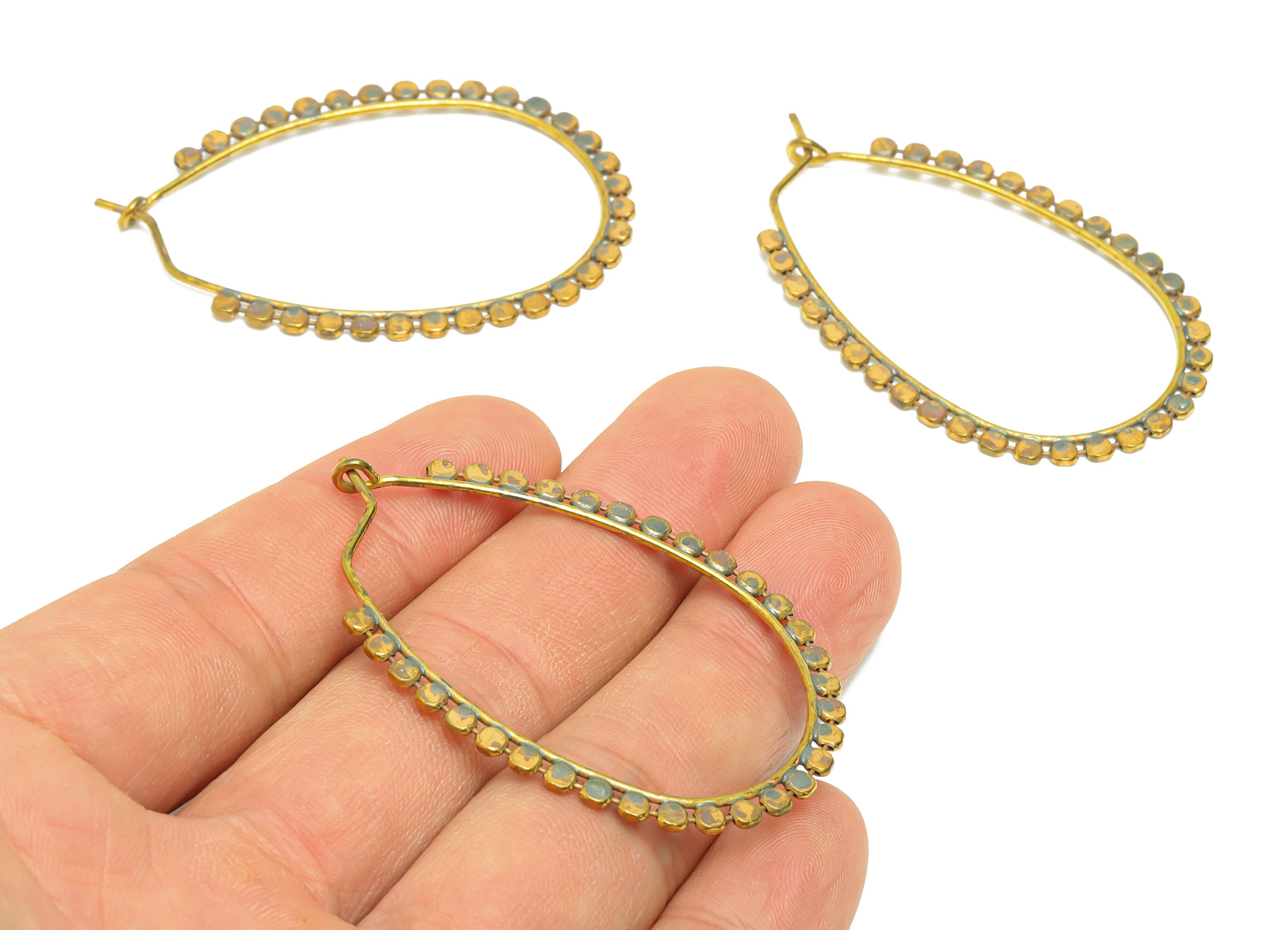 Hammered Hinged Back Hoop Earring - Brass Round Clasp Hoop Earring - Beaded Clasp Hoop Earring - Hinged Back Earring - 53x36x1.25mm- PP9024 - DOMEDBAZAAR