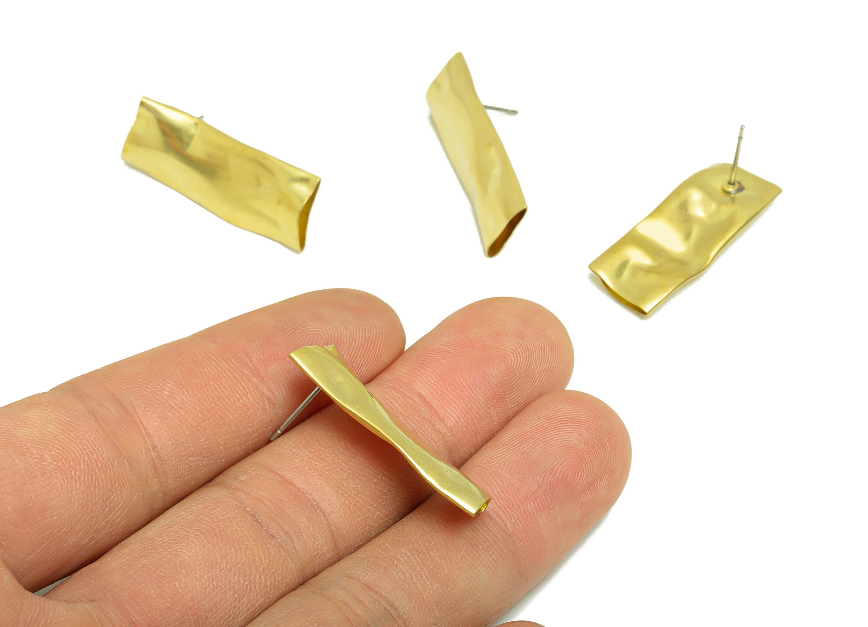 Brass Rectangle Earrings Stud - Raw Brass Depression Earring Post - Rectangle Earring Post -Hammered Tube Bar Earring - 29.9x11x2mm - PP8892 - DOMEDBAZAAR