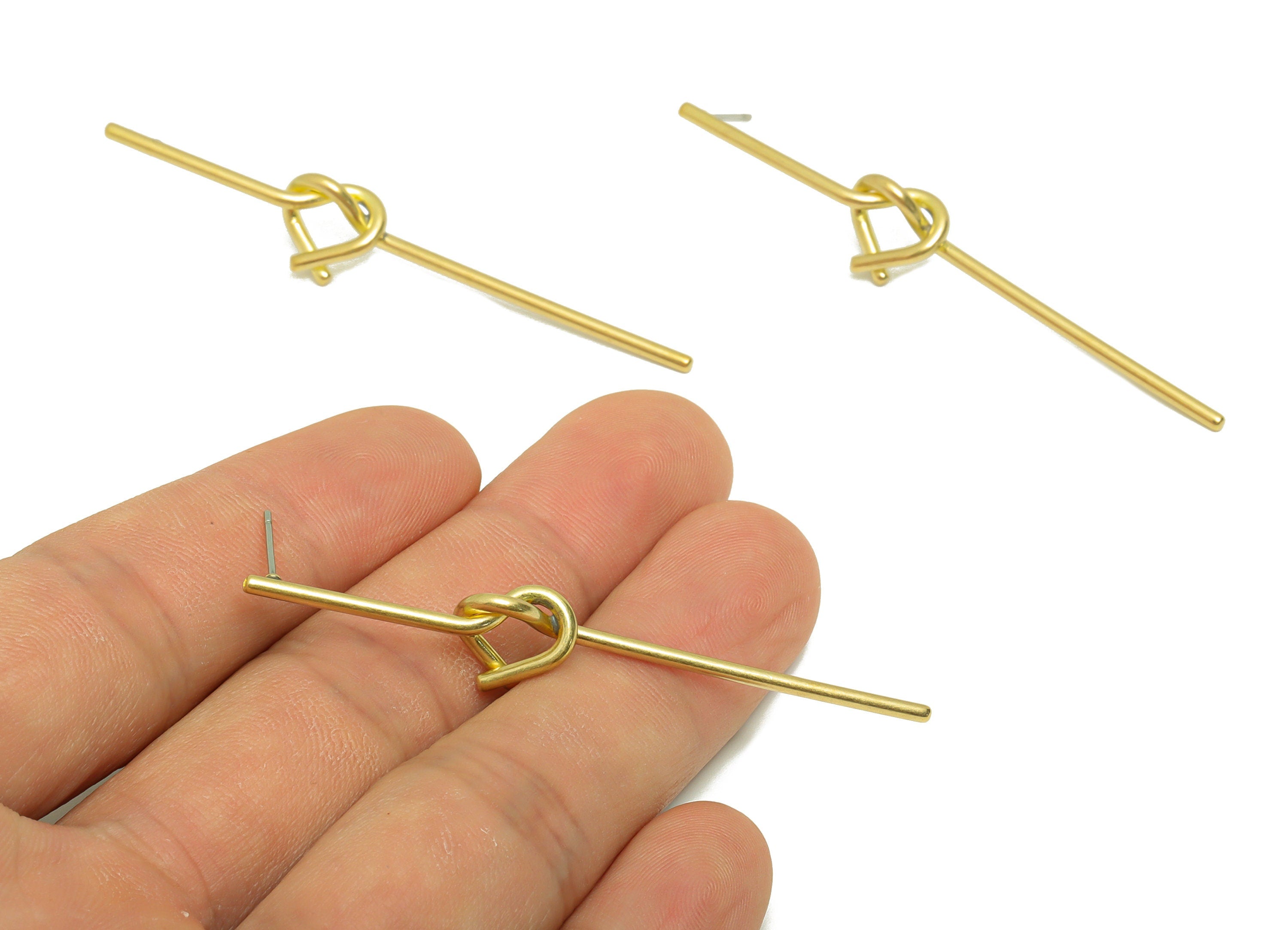 Knot Wire Bar Earring - Brass Bar Knot Heart Post - Raw Brass Stick Heart Stud - Twine Heart Earring Post - 62.71x10x1.68mm- PP8874 - DOMEDBAZAAR