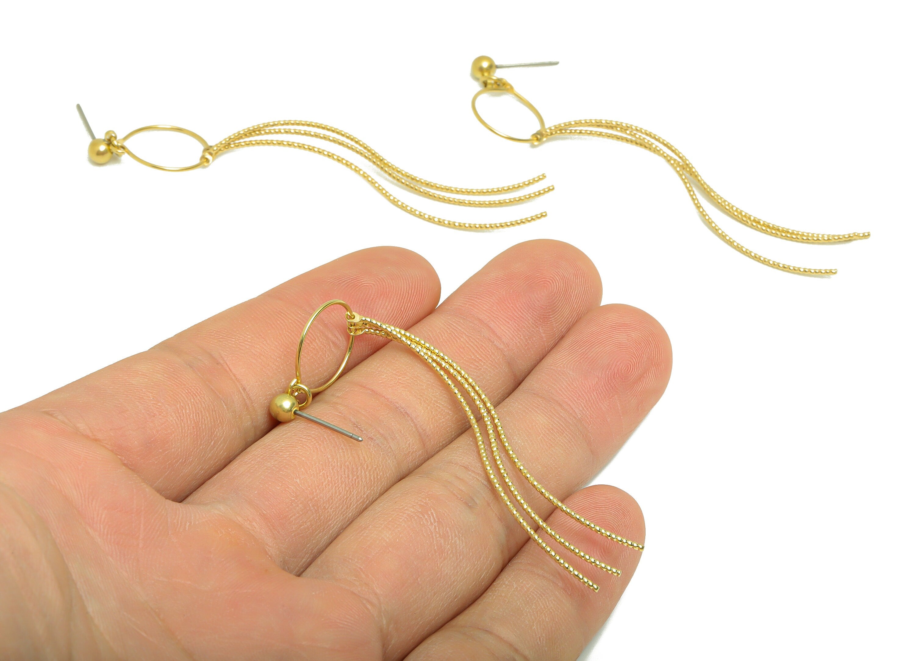 Textured Wires Tassel Earring - Brass Textured 3 Wires Post - Wavy Hang Wires Tassel Earring Stud - Bend Brass Wire - 71x12x1mm- PP8893 - DOMEDBAZAAR