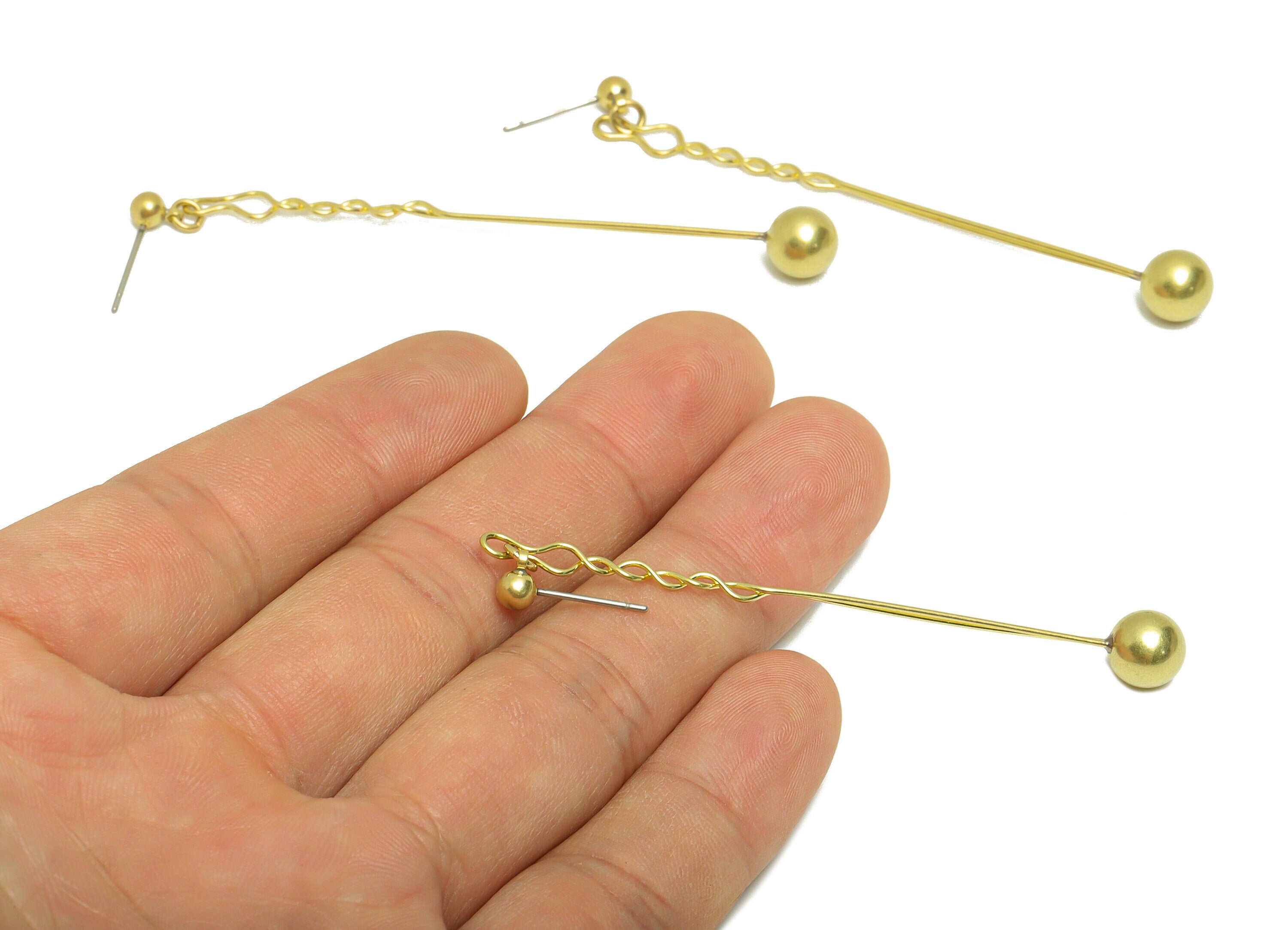 Brass Ball Earrings Stud - Raw Brass Hang Ball Earring Post - Brass Twisted Wire Earring Post - Brass Wire Hang Ball - 71.79x7x7mm- PP8854 - DOMEDBAZAAR