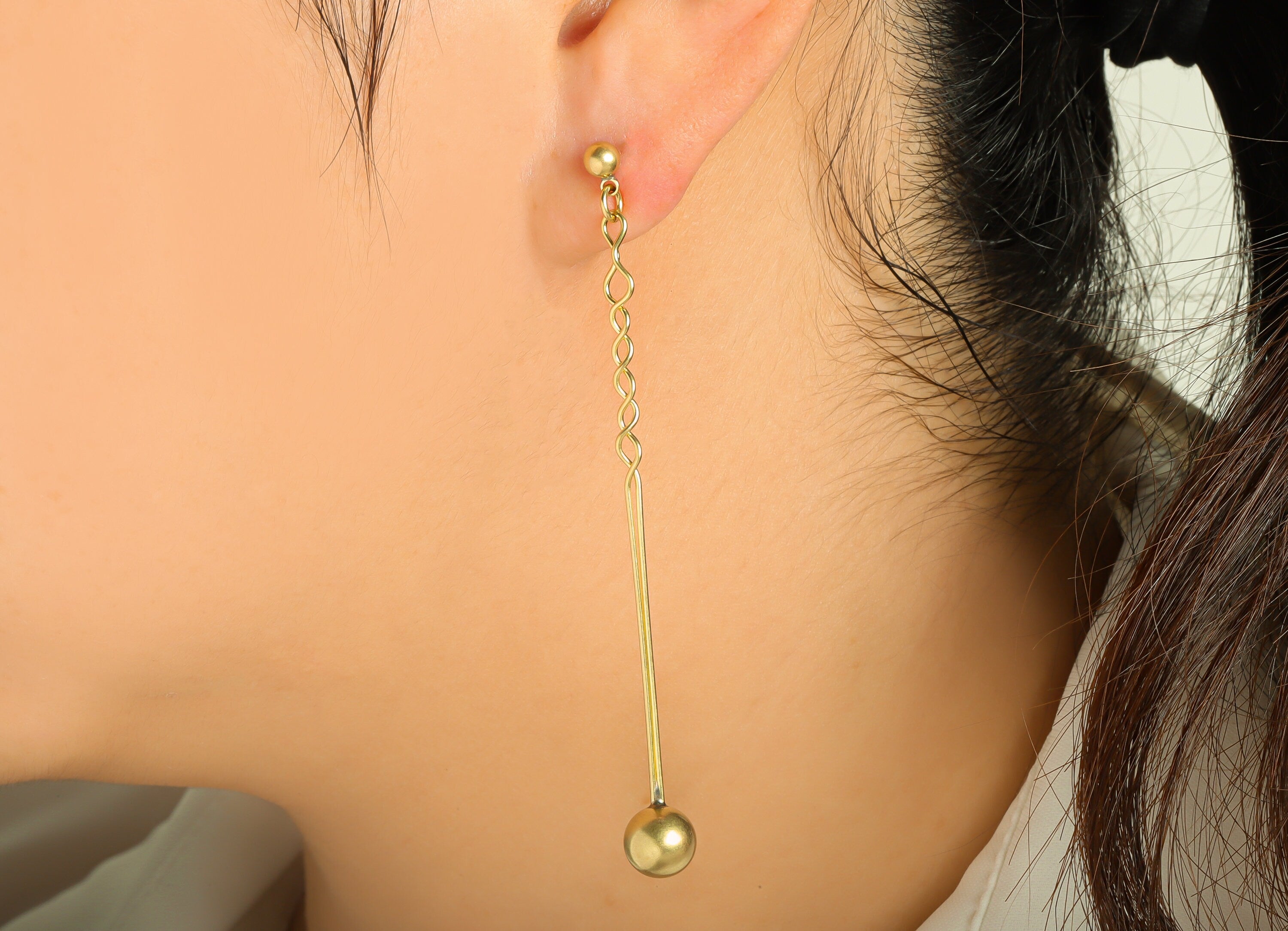 Brass Ball Earrings Stud - Raw Brass Hang Ball Earring Post - Brass Twisted Wire Earring Post - Brass Wire Hang Ball - 71.79x7x7mm- PP8854 - DOMEDBAZAAR