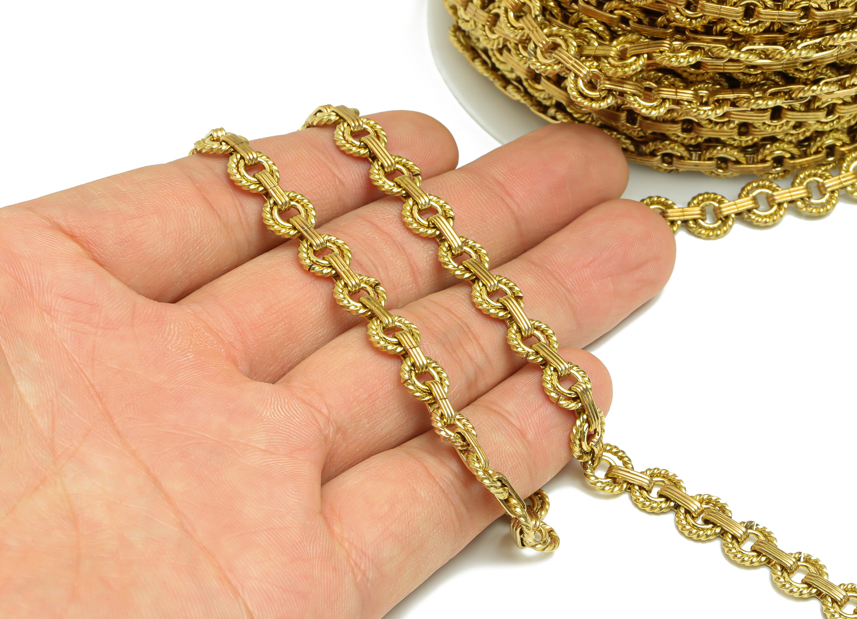 Handmade Rings Chain - Brass Textured Open link Chain - Beaded Hoop Chain - Circle Textured Rings Link Chain - 11.7x7.8x3mm - CC1249 - DOMEDBAZAAR