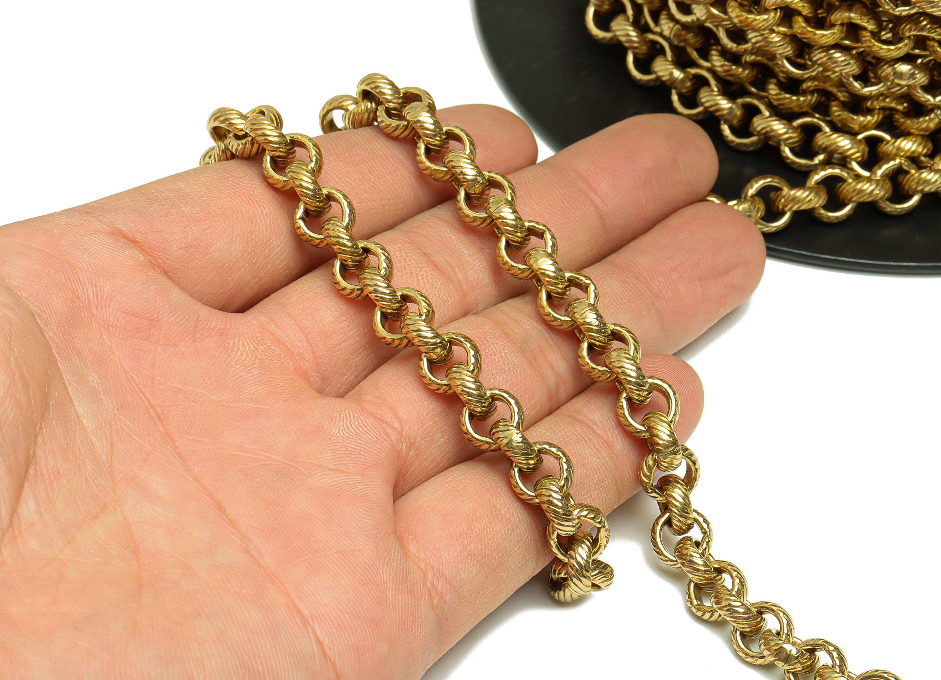 8,5mm Brass Rolo Chain - Textured Rolo Chain hammered Chain - Handmade Chain Textured Round Link Chain - CC1250 - DOMEDBAZAAR