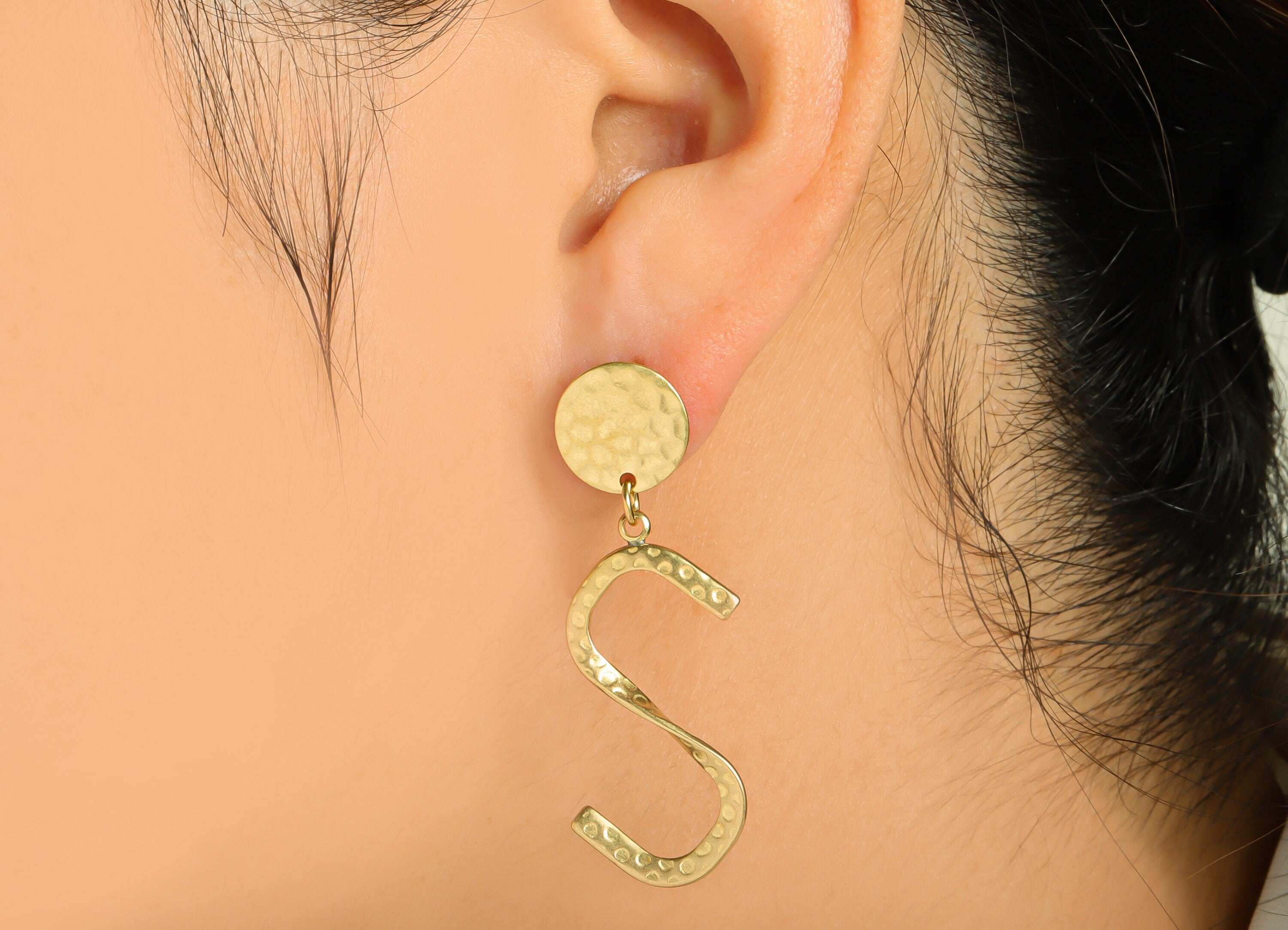 Hammered Round Dangle Earring Post - Brass Circle Earring Stud - Brass S Earring Post - letter Hammered Earring Post - 44x19x1mm- PP8895 - DOMEDBAZAAR