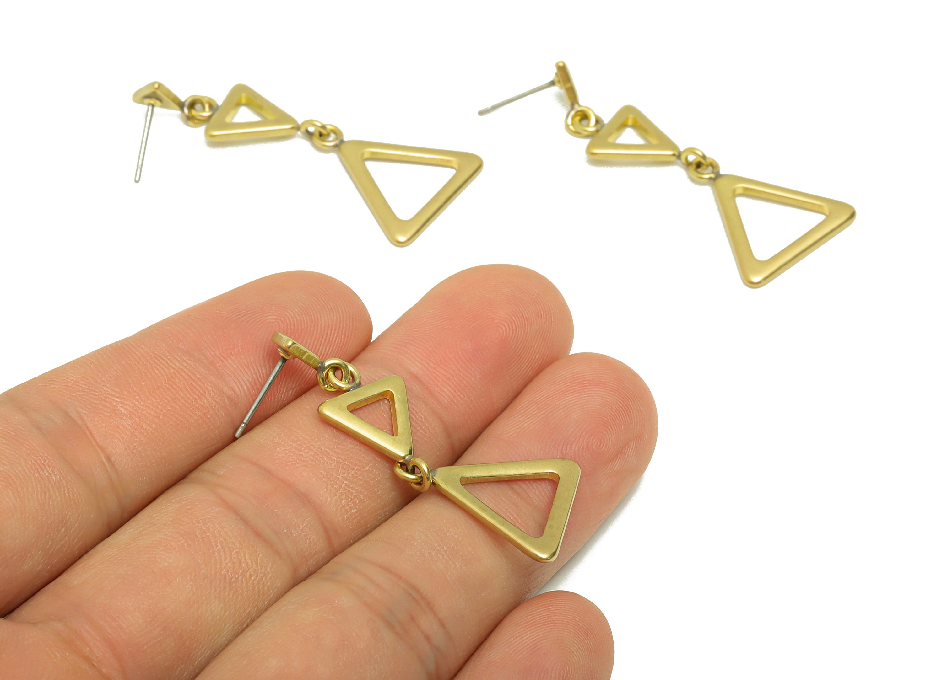 Triangle Dangle Earring Post - Brass Triangle Link Earring Stud - Triangle Tassel Earring Post - Geometry Earring Post - 34.6x17x1mm- PP8876 - DOMEDBAZAAR