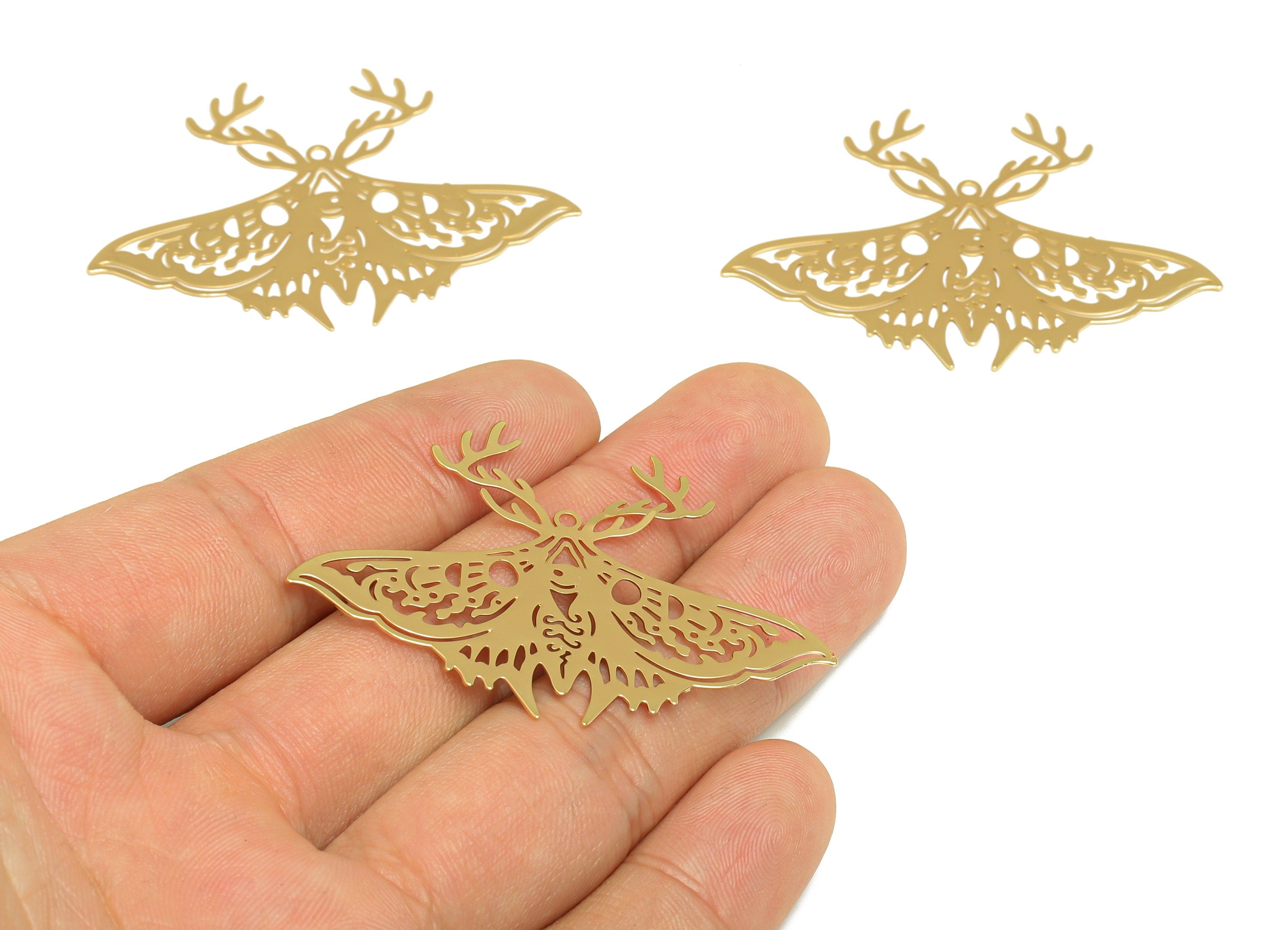 Brass Moth Earring Charm - Brass Inset Earring Charm - Brass Animal Earring Charm - 18K Real Gold Plating - 38x53.10x 0.34mm- RGP7064 - DOMEDBAZAAR