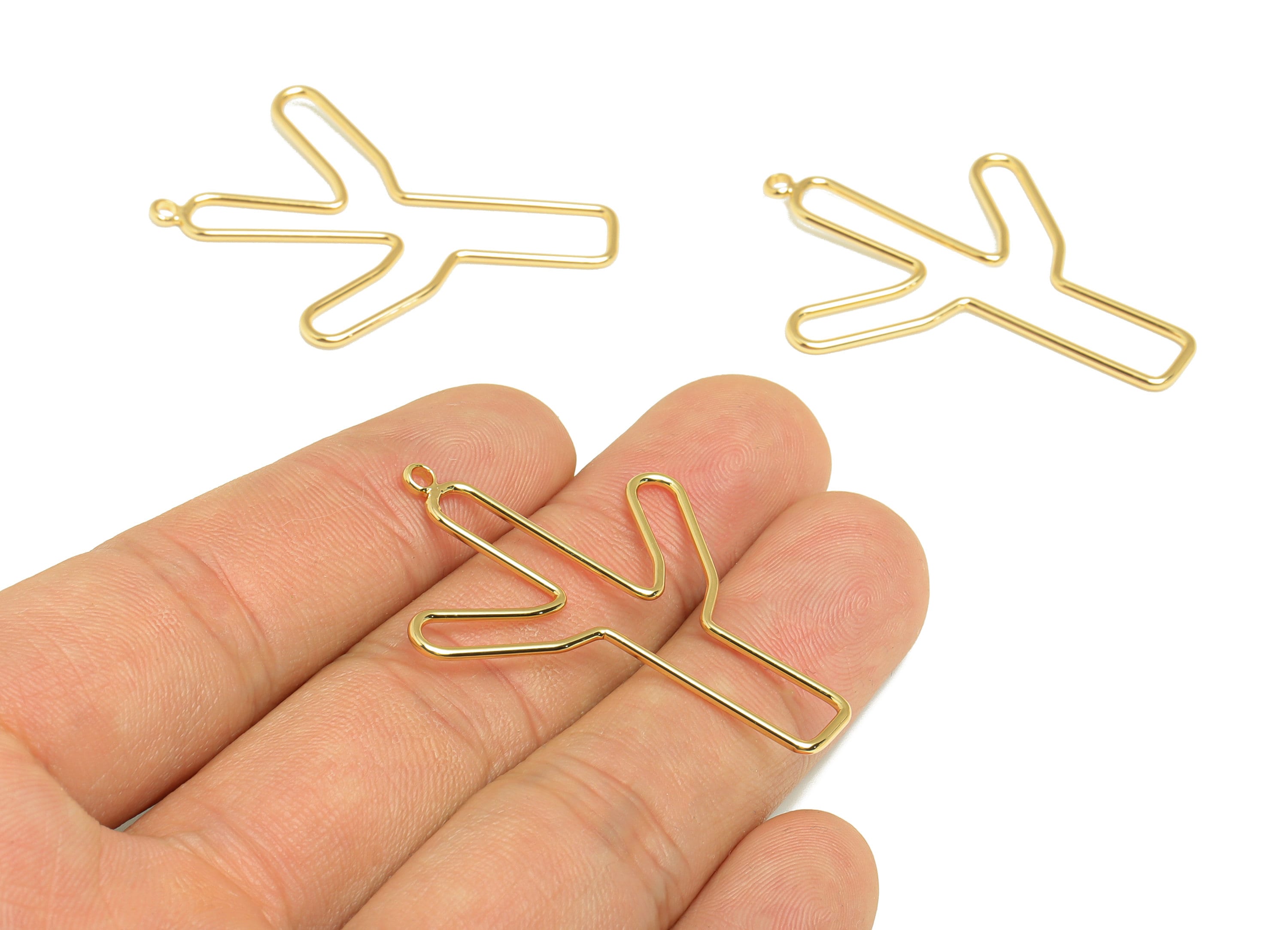 Brass Cactus Wire Earring Charm - Brass line Cactus Charm - Brass Botanical Earring Charm - 18K Real Gold Plated - 44x32.06x1.18mm - RGP7061 - DOMEDBAZAAR