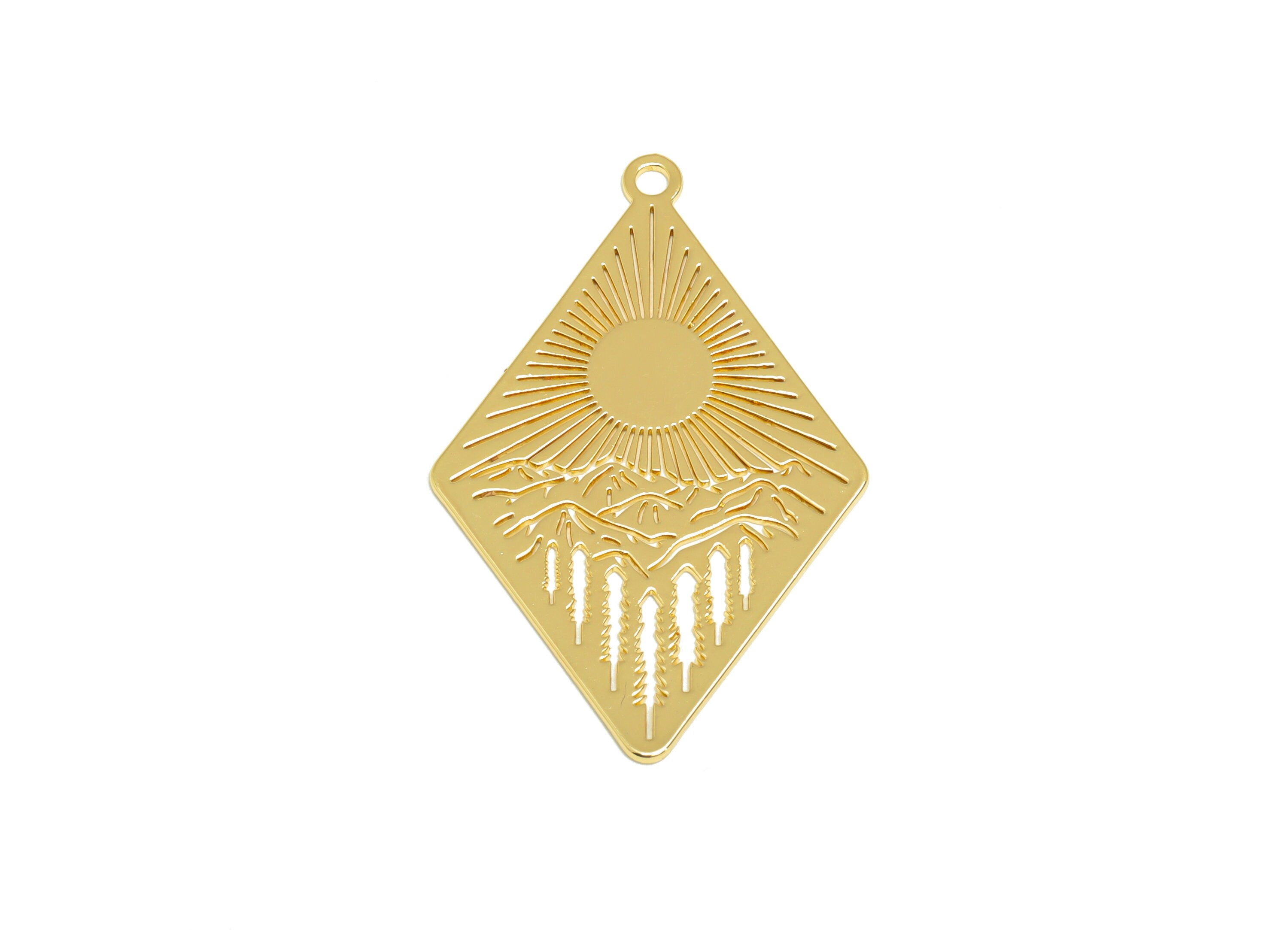 Brass Sun Rhombic Mountain Landscape Earring Charms - Brass Trees Diamond Pendant - 18K Real Gold Plating - 42.11x26.97x0.74mm - RGP7065 - DOMEDBAZAAR
