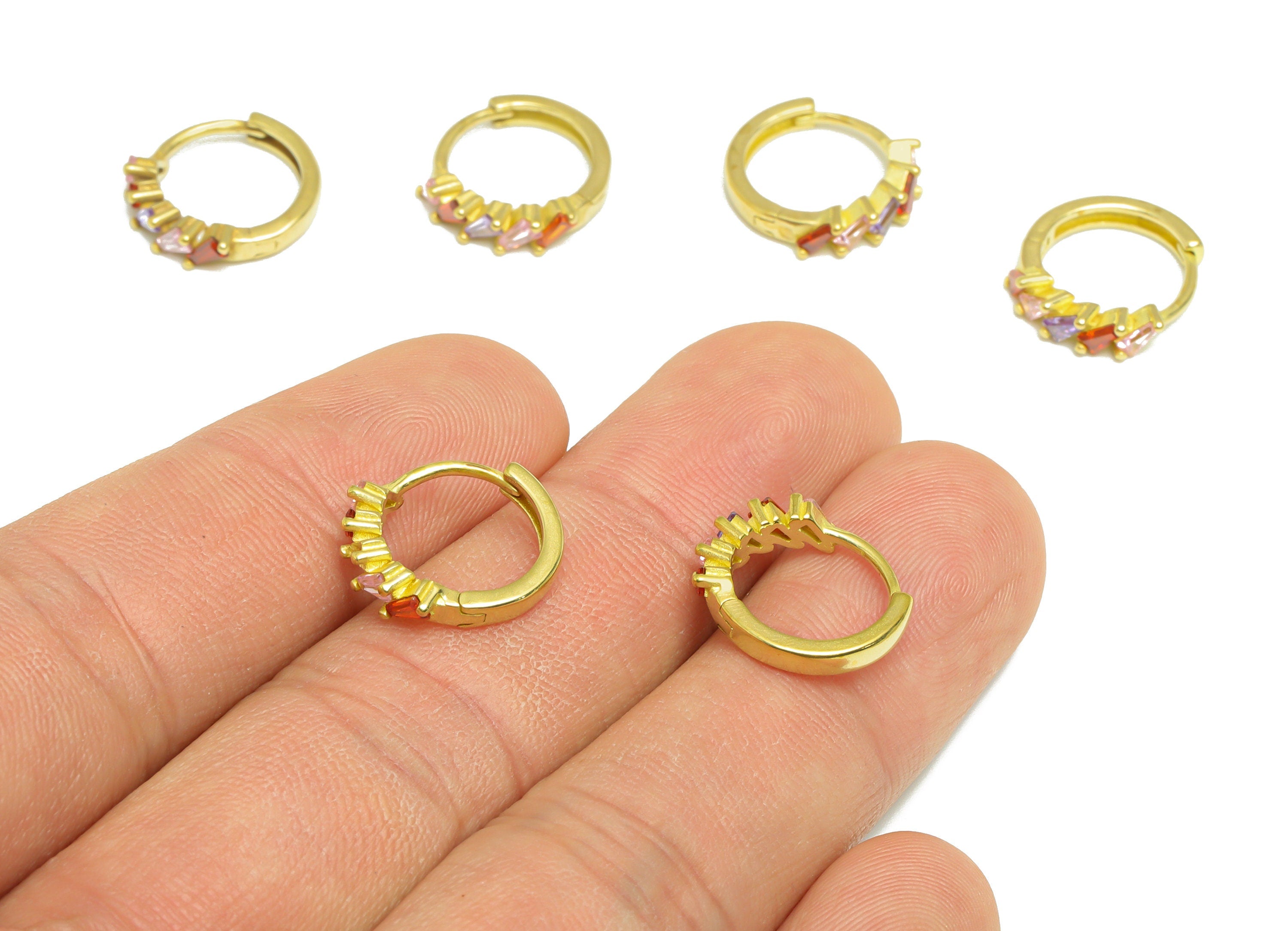 Brass Huggie Hoop Earring - Brass Clasp Hoop Earring - Rainbow Cubic Zircon Hoop Earring - Trapezoid Hoop Earring - 14x13.3mx 3.5mm- PP8998 - DOMEDBAZAAR