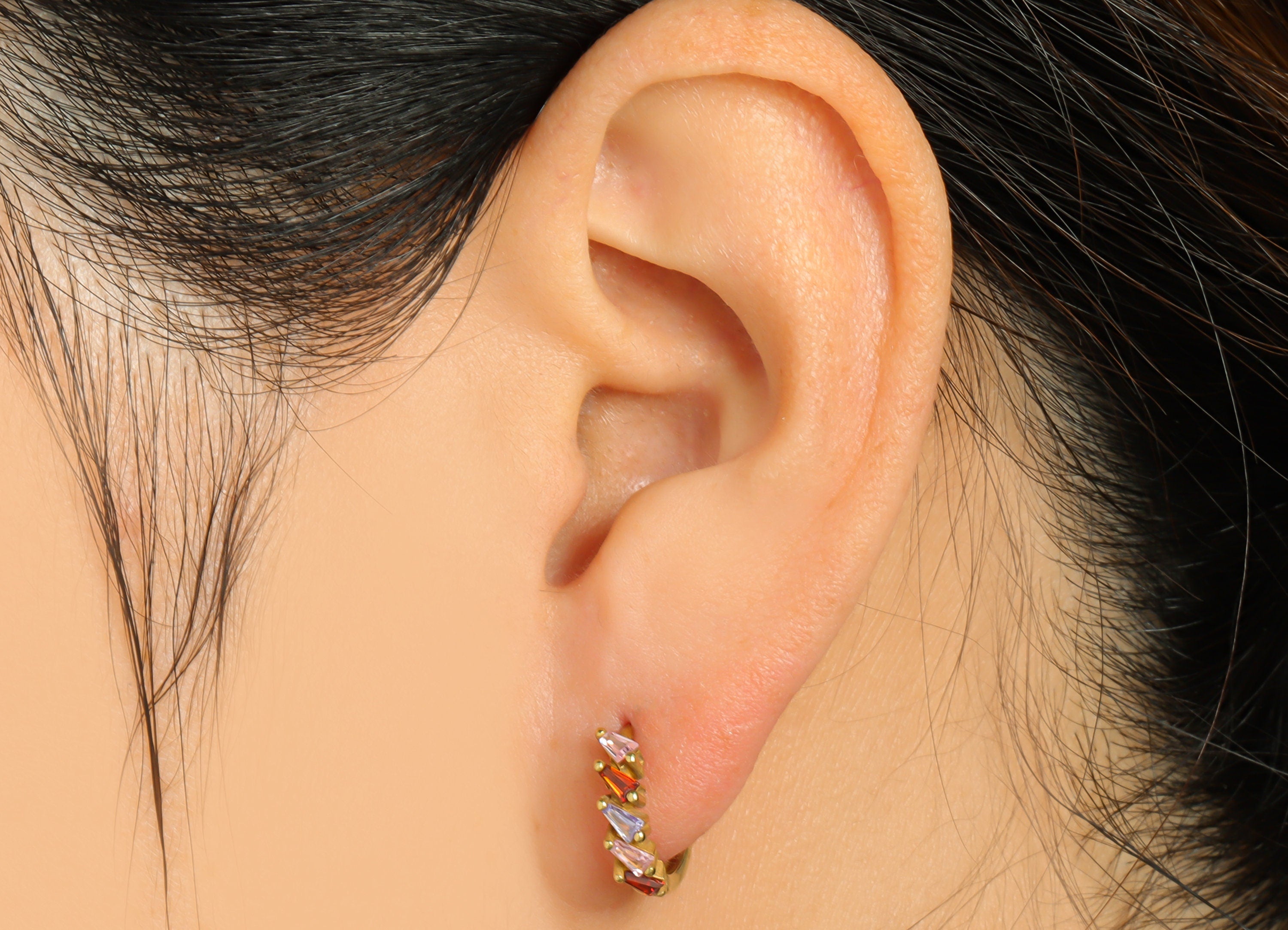 Brass Huggie Hoop Earring - Brass Clasp Hoop Earring - Rainbow Cubic Zircon Hoop Earring - Trapezoid Hoop Earring - 14x13.3mx 3.5mm- PP8998 - DOMEDBAZAAR