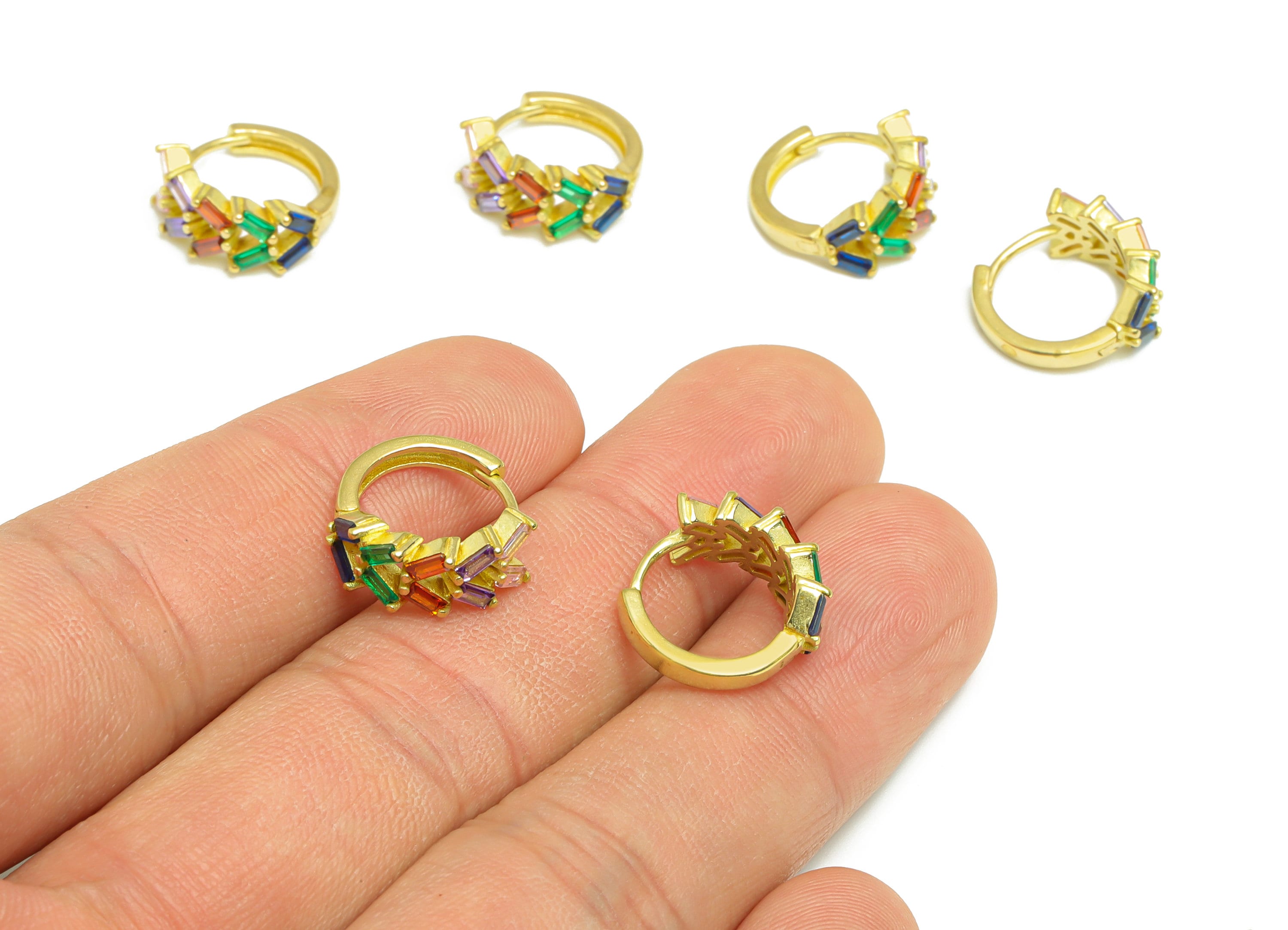 Brass Huggie Hoop Earring - Brass Zircon Clasp Hoop Earring - Rainbow Cubic Zircon Hoop Earring - Rectangle Hoop Earring - 14x14x6mm- PP9001 - DOMEDBAZAAR