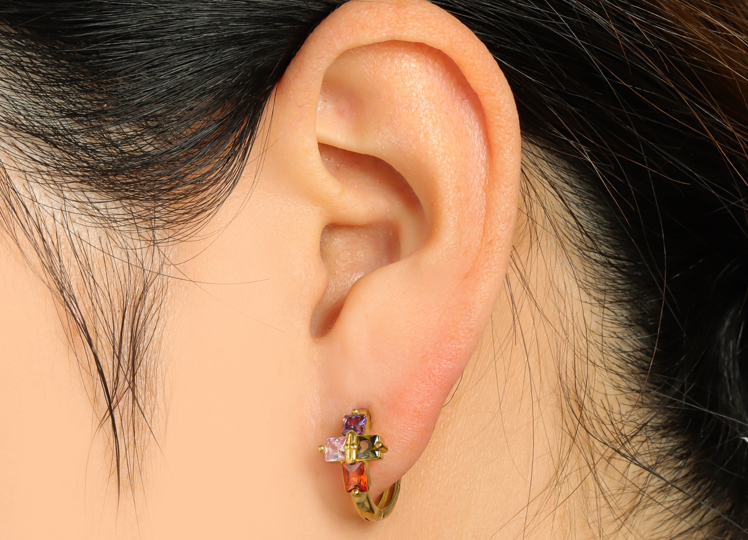 Brass Huggie Hoop Earring - Brass Zircon Clasp Hoop Earring - Rainbow Cubic Zircon Hoop Earring - Cross Hoop Earring - 16.63x15x9mm- PP9003 - DOMEDBAZAAR