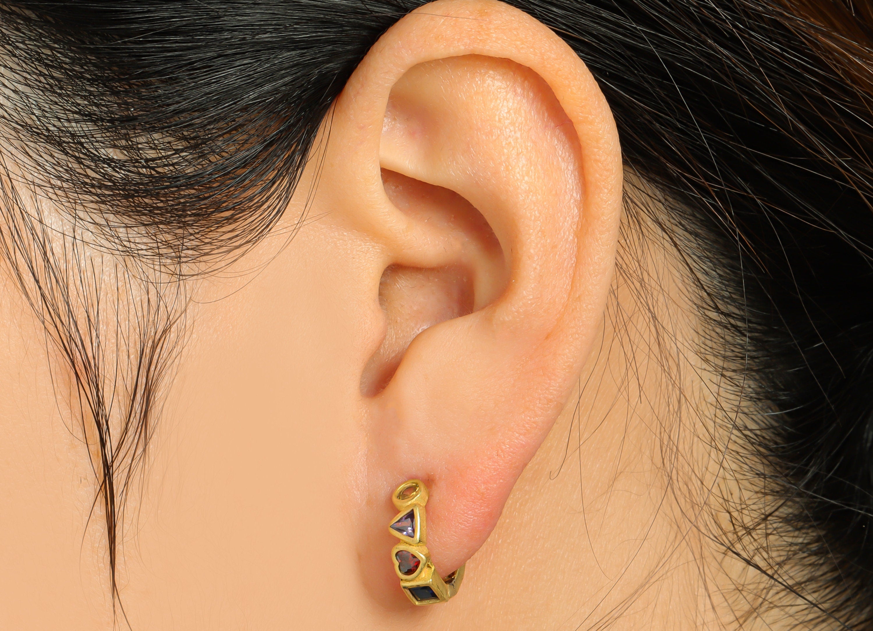 Brass Huggie Hoop Earring - Brass Heart Clasp Hoop Earring - Wavy Geometry Hoop Earring - Rainbow Zircon Hoop Earring - 14x13x4mmmm - PP9006 - DOMEDBAZAAR