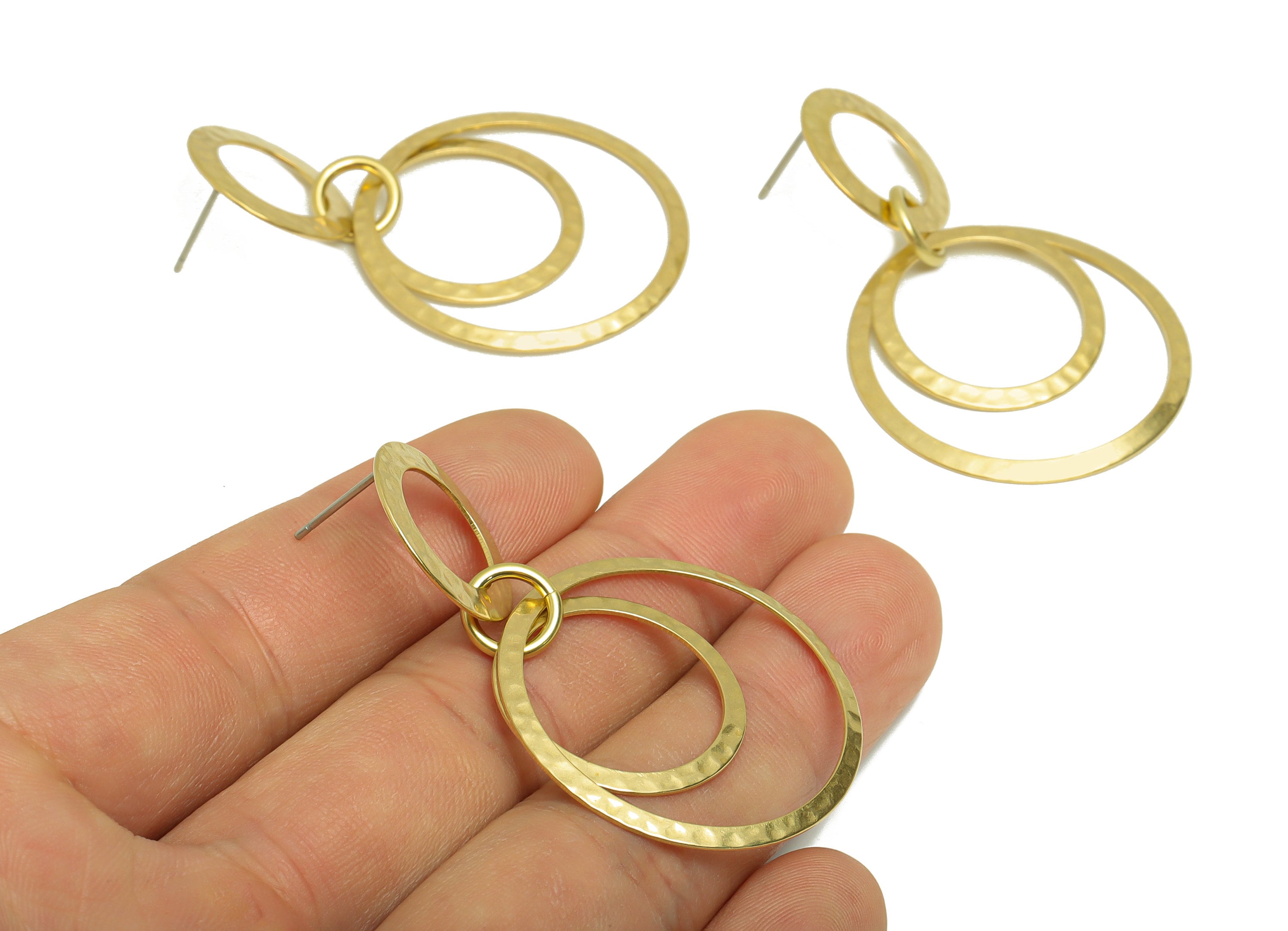 Hammered Round Dangle Earring Post - Brass Circle Earring Stud - Brass Ring Charms - Geometry Link Earring Post - 51.82x33.07x0.62mm- PP8868 - DOMEDBAZAAR