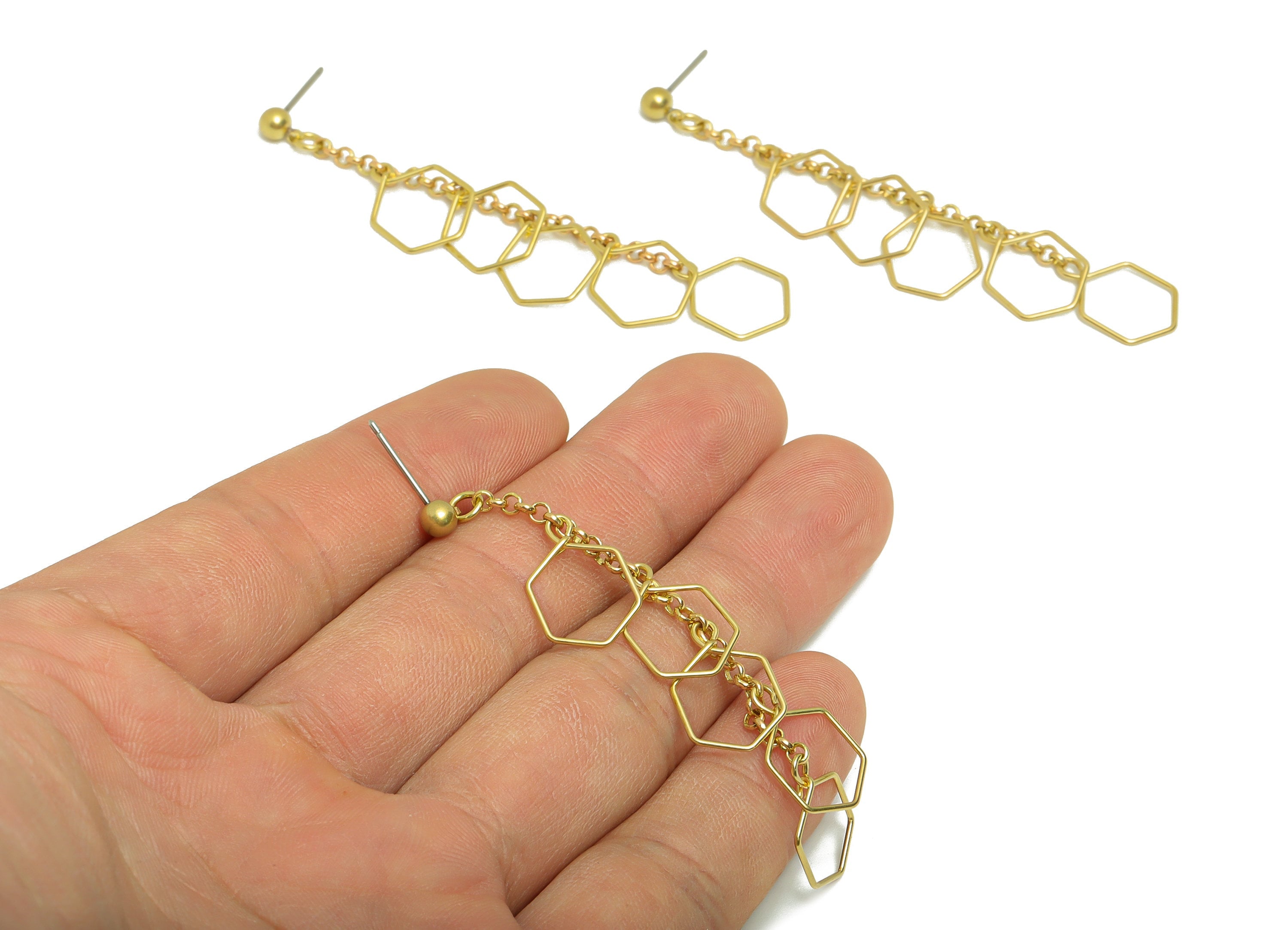 Brass Dangle Tassel Earring - Brass Chain Tassel Earring Stud - Brass 5 Hexagon Chain Earring Post - Ball Earring Post - 66x12x0.6mm- PP8884 - DOMEDBAZAAR