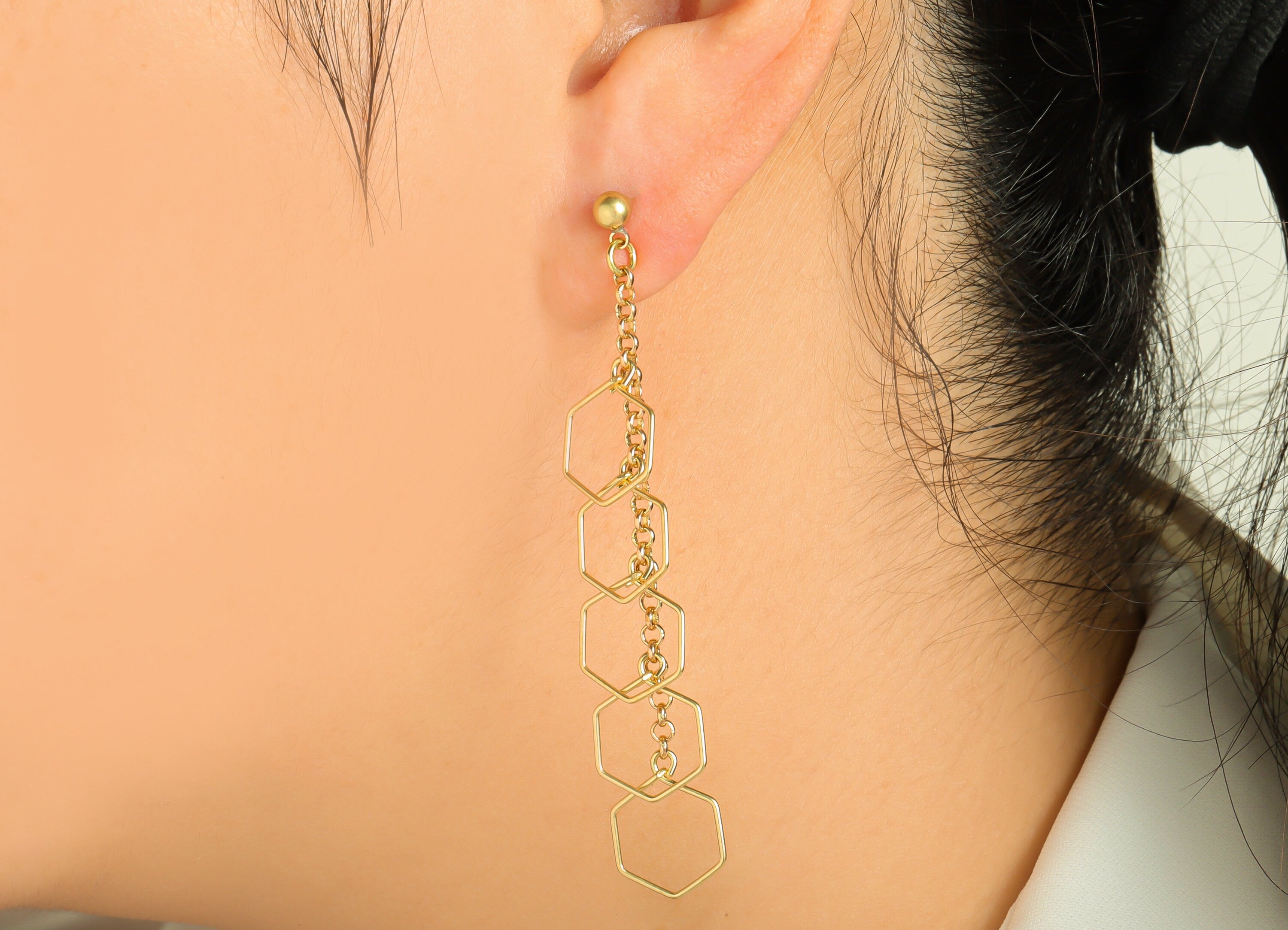 Brass Dangle Tassel Earring - Brass Chain Tassel Earring Stud - Brass 5 Hexagon Chain Earring Post - Ball Earring Post - 66x12x0.6mm- PP8884 - DOMEDBAZAAR