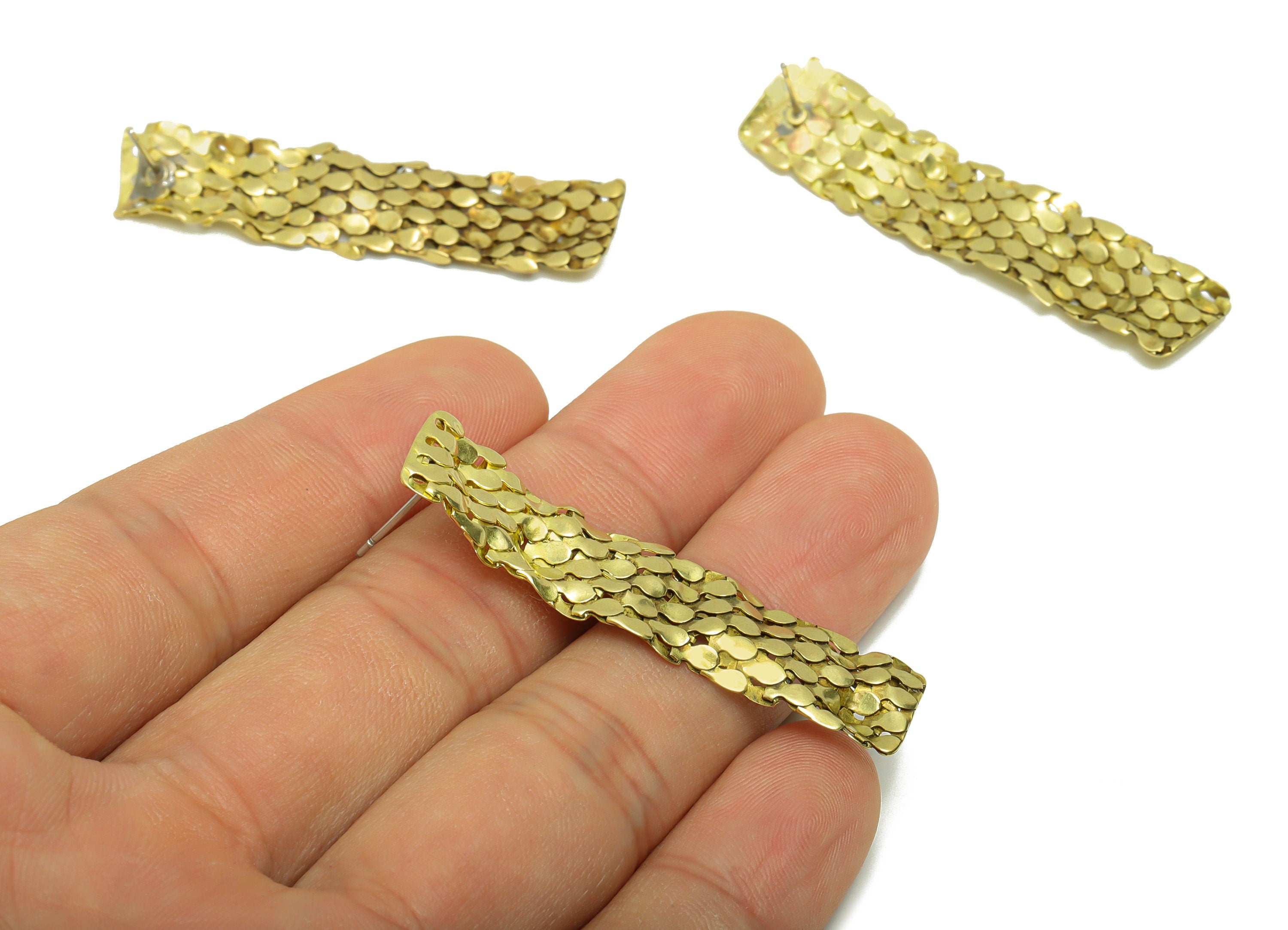 Brass Drop Mesh Earring Post - Brass Scales Wavy Earring Stud - Brass Rectangle Mesh Earring Post - Geometry Earring Post -47x12x1mm -PP8897 - DOMEDBAZAAR