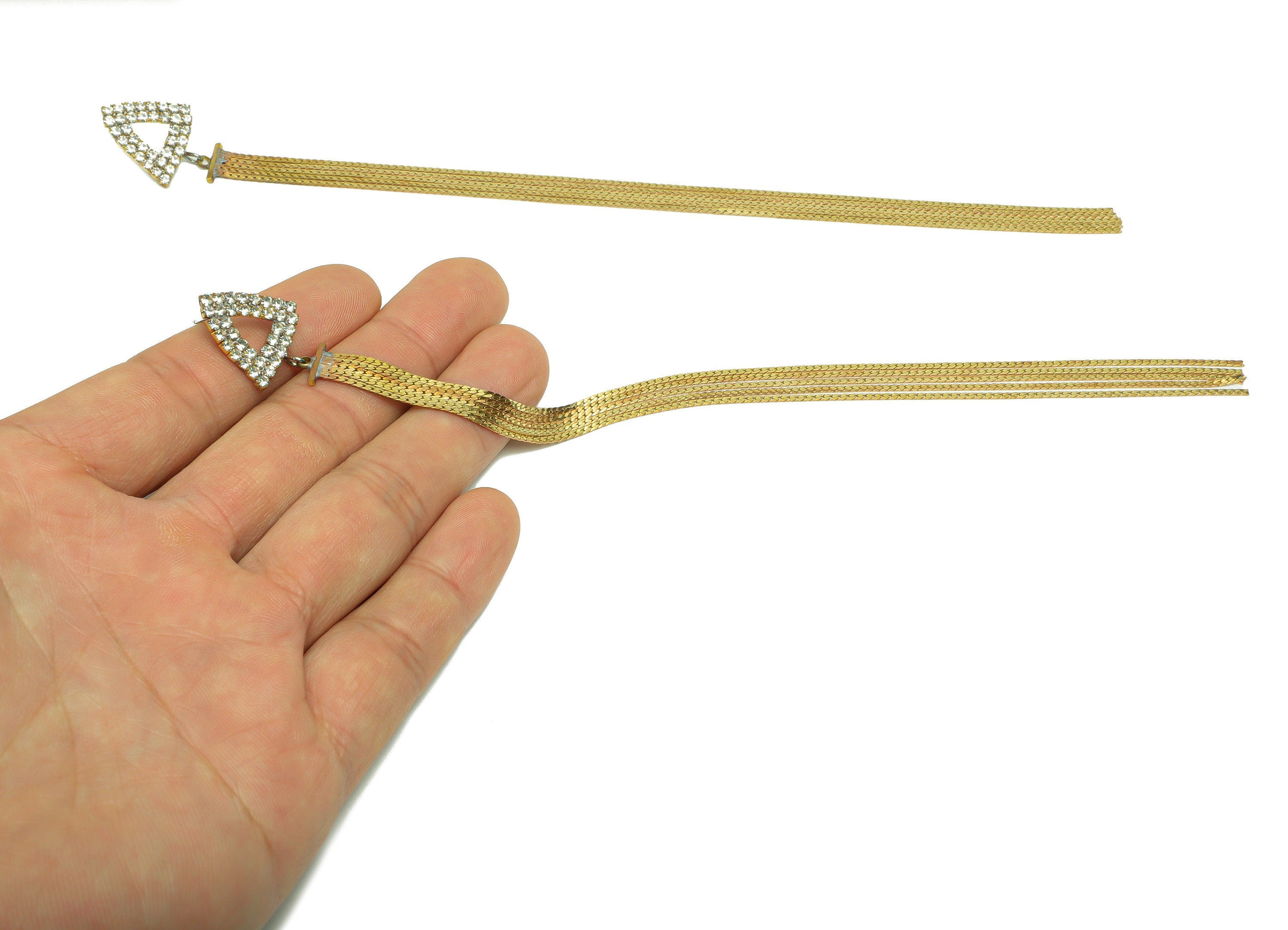 Brass Triangle Tassel Chain Earring Stud - Brass Zircon Tassel Earring Post - Snake Chain Earring Post - Tassel Post - 190x16x2mm - PP9220 - DOMEDBAZAAR