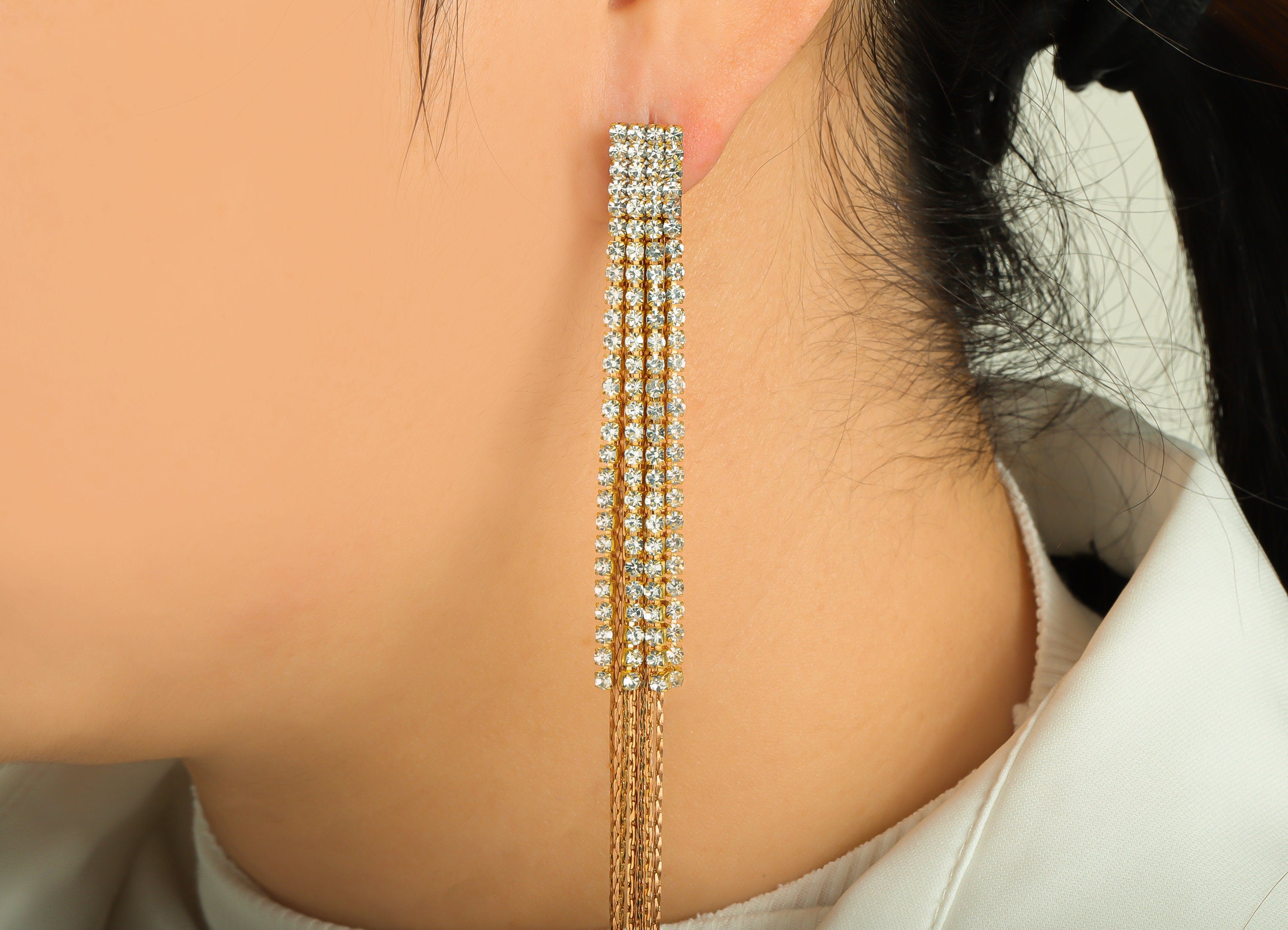 Brass Tassel Chain Earring Stud - Brass Zircon Tassel Earring Post - Zircon Chain Earring Post - Rectangle Tassel Post - 104x8x2mm - PP9224 - DOMEDBAZAAR