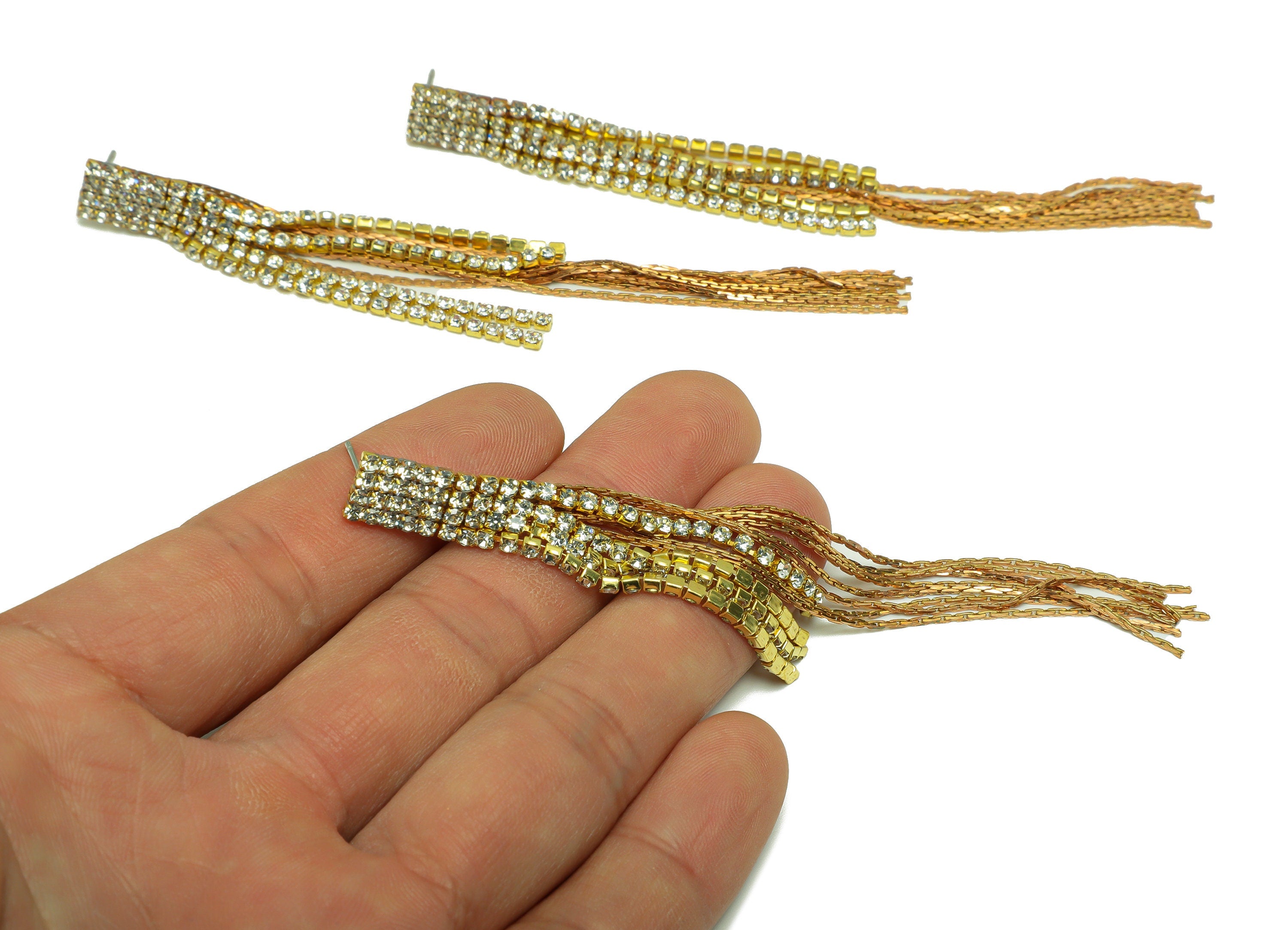 Brass Tassel Chain Earring Stud - Brass Zircon Tassel Earring Post - Zircon Chain Earring Post - Rectangle Tassel Post - 104x8x2mm - PP9224 - DOMEDBAZAAR