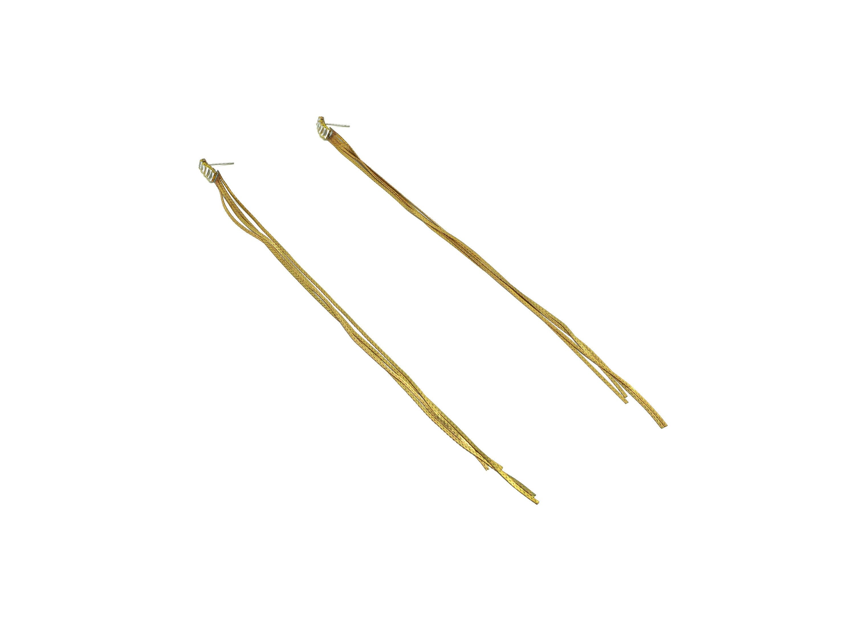 Brass Long Chain Tassel Earring Stud - Raw Brass Zircon Tassel Earring Post - Minimalist Chain Hanging Ear - Tassel Post - 190x4x2mm -PP9219 - DOMEDBAZAAR