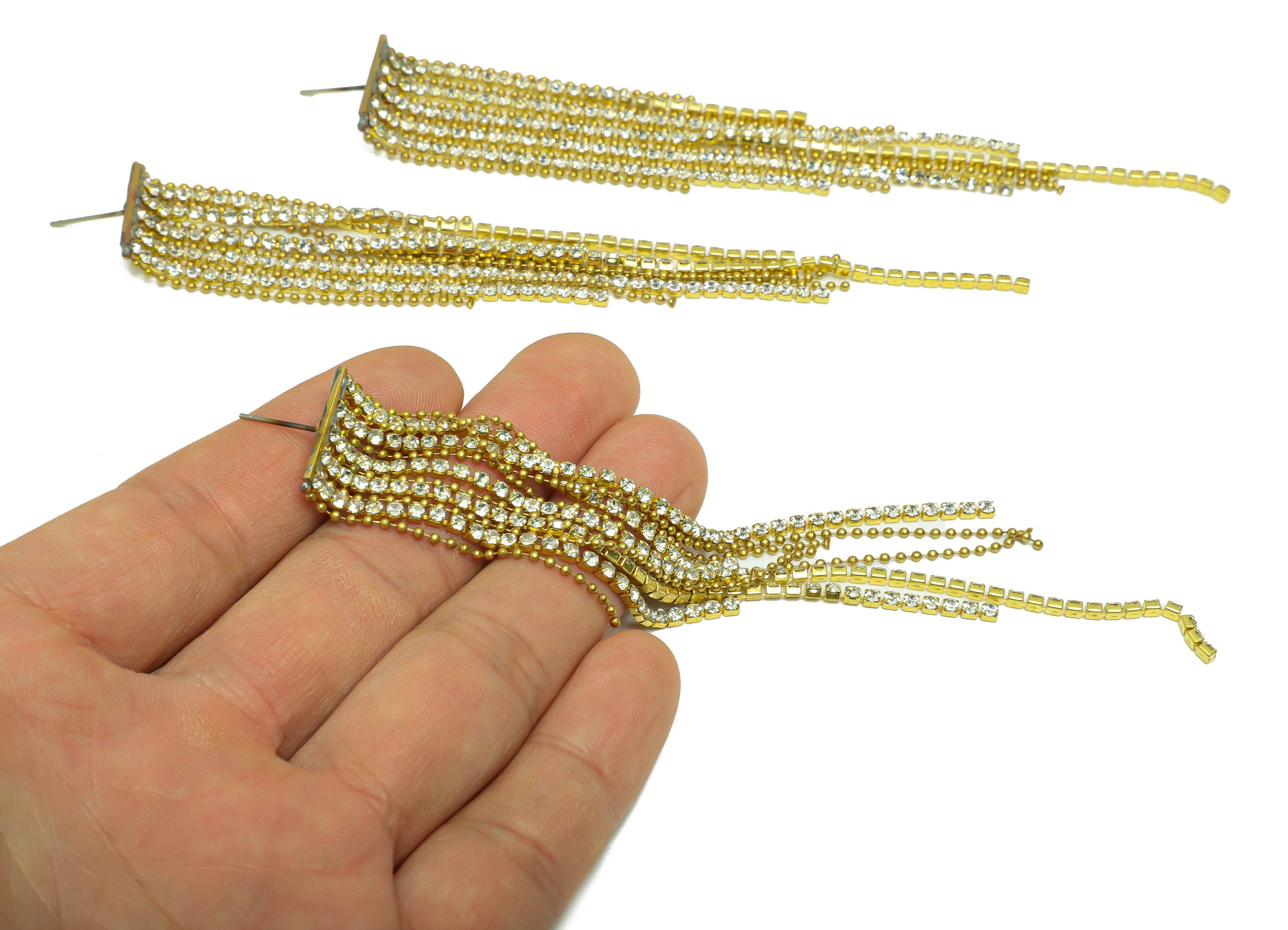 Brass Bead CZ Tassel Chain Earring Stud - Raw Brass Zircon Earring Post - Minimalist Long Chain Hanging - Tassel Post - 127x17x1mm - PP9223 - DOMEDBAZAAR