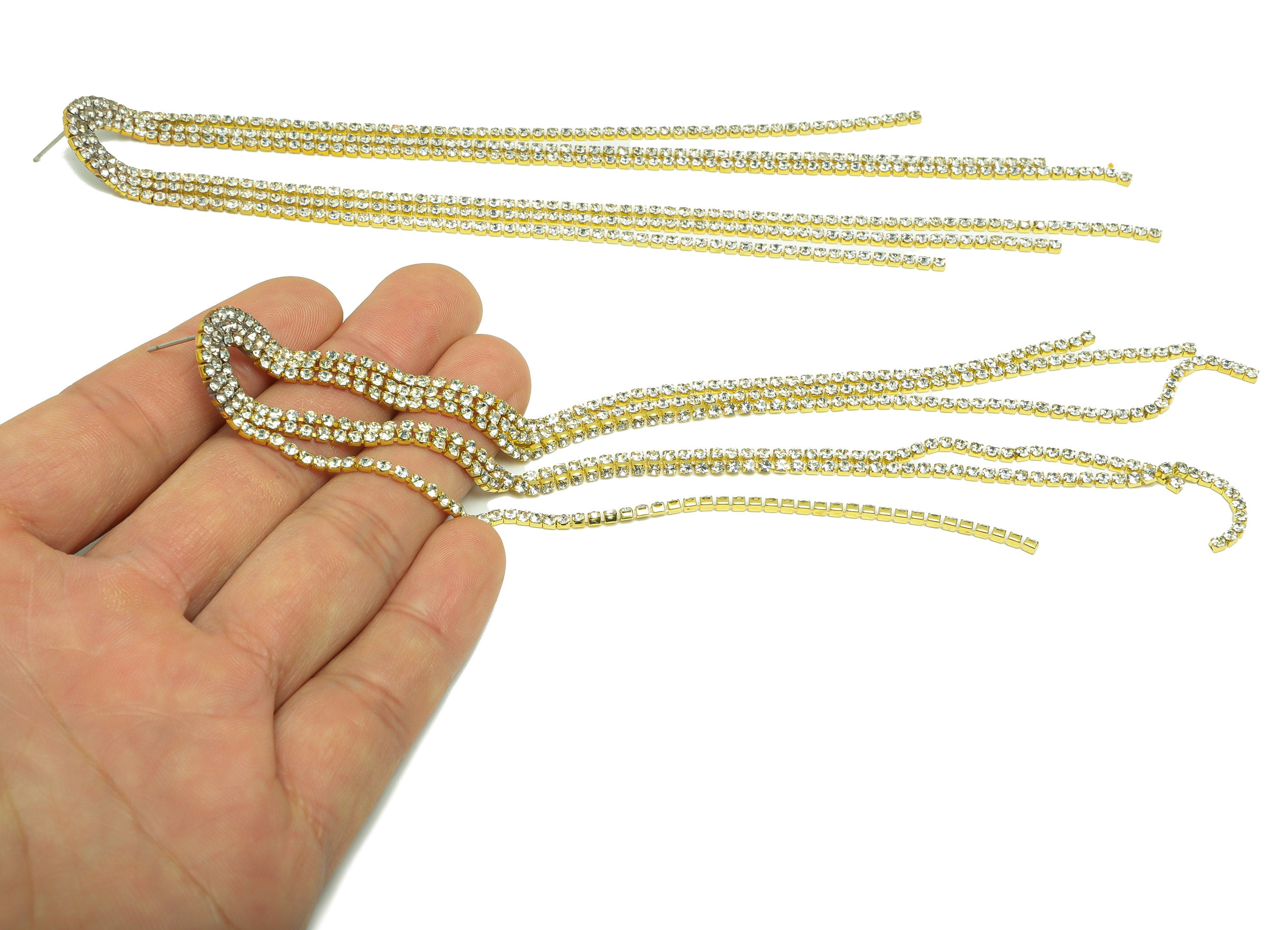 Brass U CZ Tassel Earring Stud - Raw Brass Zircon Tassel Earring Post - Minimalist Long Chain Hanging - Tassel Post - 186x18.95x2mm - PP9221 - DOMEDBAZAAR