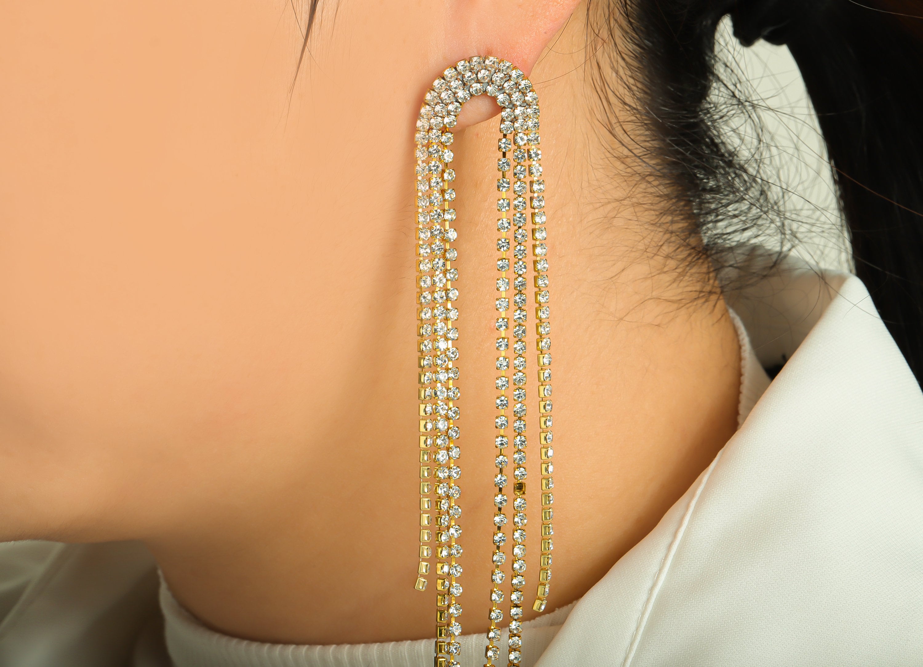 Brass U Earring Stud - Raw Brass Zircon Tassel Earring Post - Minimalist Long Chain Hanging Ear - Hoop Tassel Post - 121x20.47x2mm - PP9229 - DOMEDBAZAAR