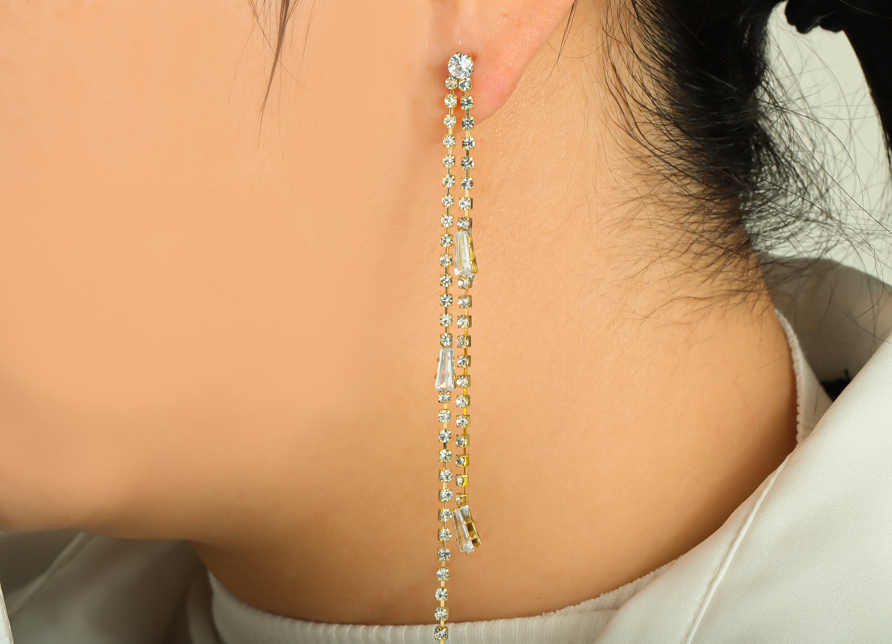 Brass CZ Tassel Earring Stud - Brass Zircon Tassel Earring Post - Minimalist Long Chain Hanging - Trapezoid Tassel Post - 105x4x3mm -PP9218 - DOMEDBAZAAR