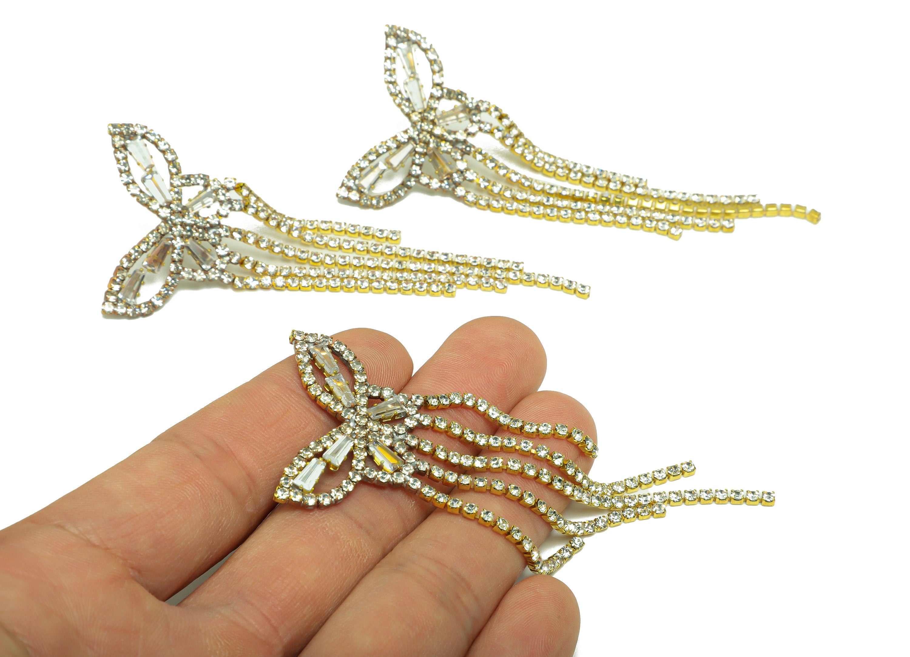Brass Butterfly CZ Tassel Earring Stud - Brass Zircon Tassel Earring Post - Minimalist Long Chain Hanging - Tassel Post - 85x33x2mm -PP9233 - DOMEDBAZAAR
