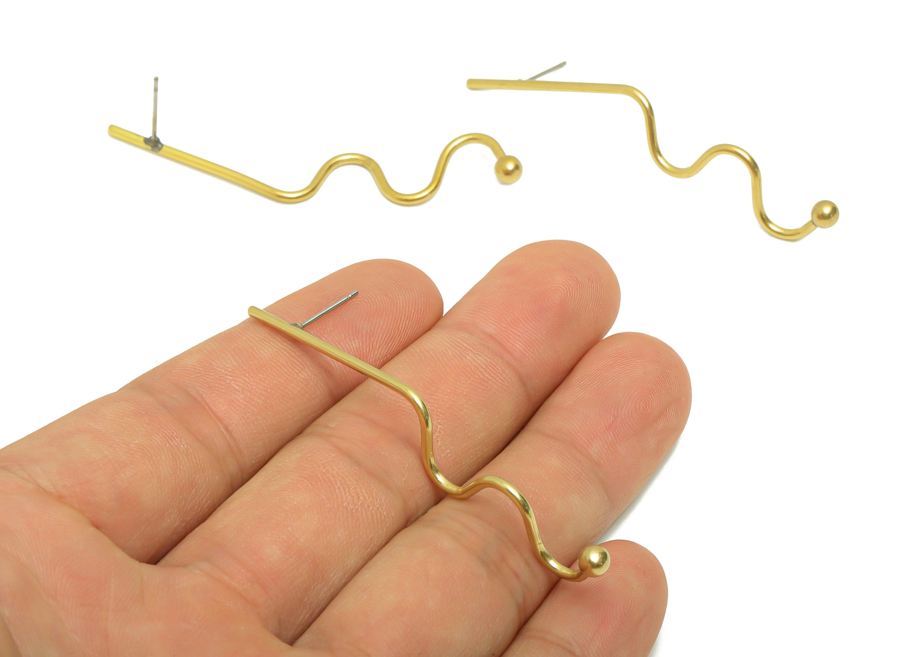 Brass Wire Earring Post - Brass Bent Wire Ball Earring Stud - Brass Wavy Line Earring Post - Bent Stick Earring Post - 58x11x1.51mm -PP8875 - DOMEDBAZAAR
