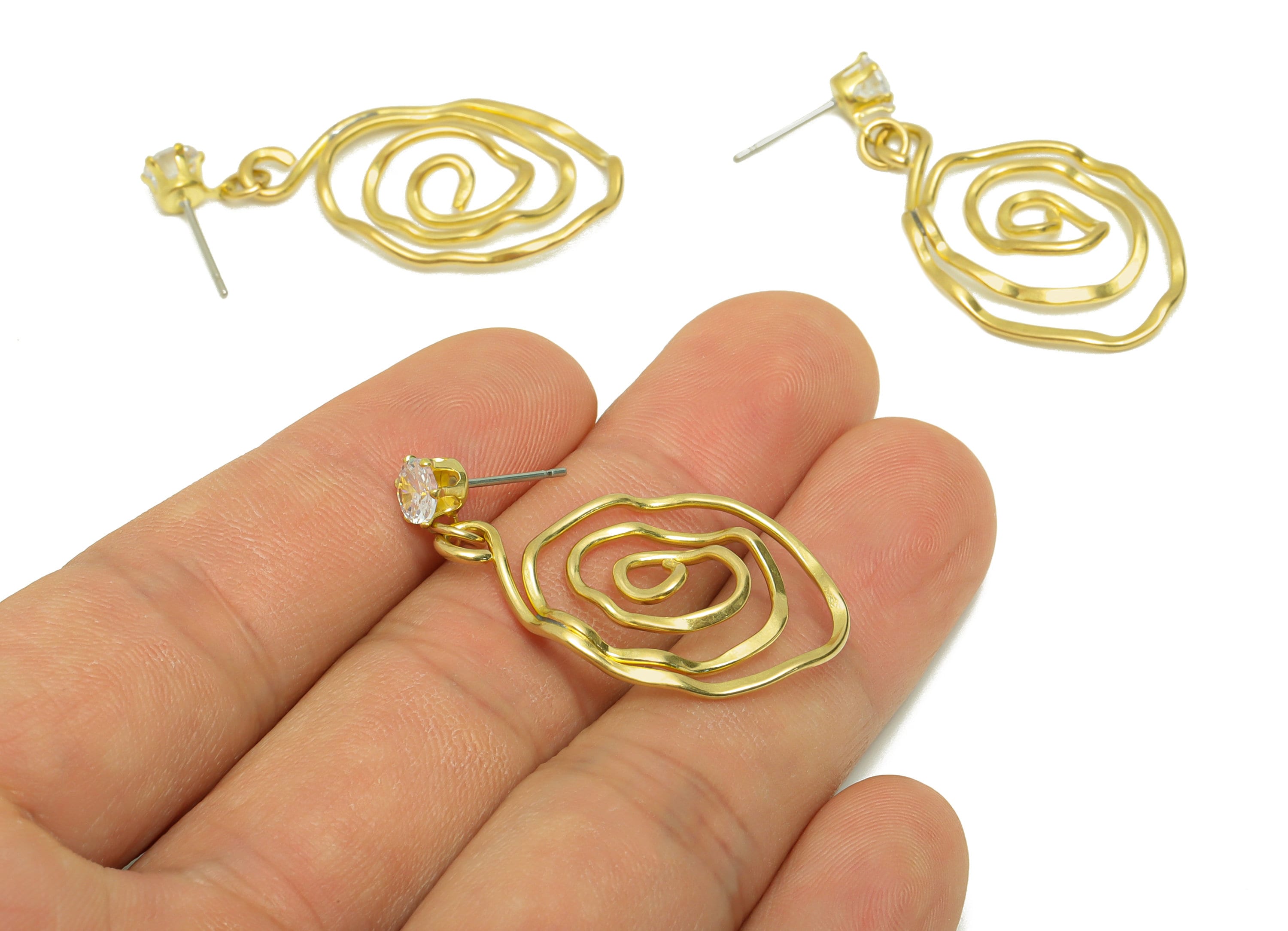 Hammered Wire Snail Dangle Earring - Brass Twine Wire Hammered Earring Stud - Brass Cubic Zircon Wire Earring Post - 39x19x1mm - PP8849 - DOMEDBAZAAR