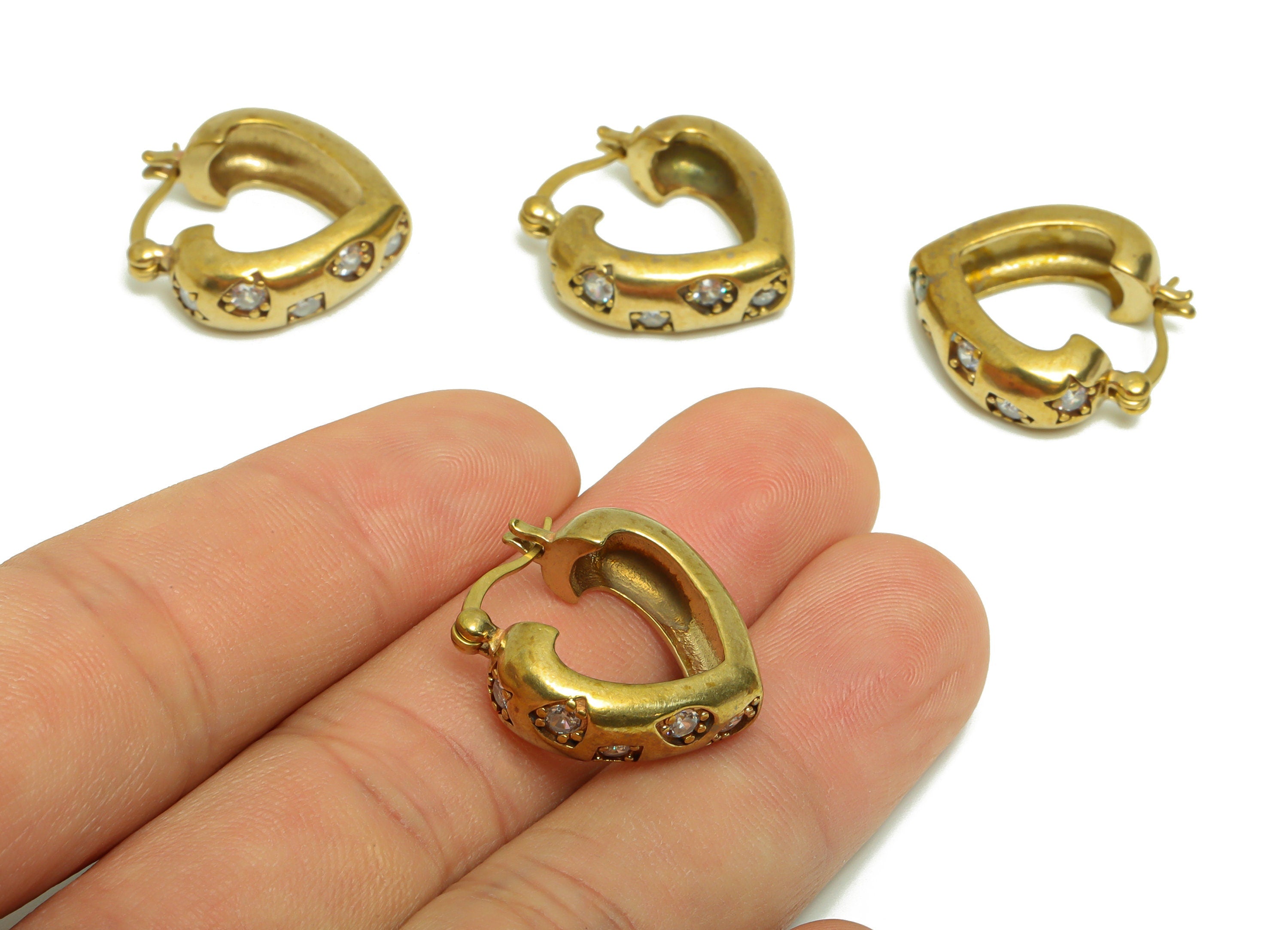 Heart Hoop Earring - Brass Zircon Hinged Heart Back Earring - Drop Square Eye Zircon - Star Hinged Back Earring - 22x20x0.7mm-PP9120 - DOMEDBAZAAR
